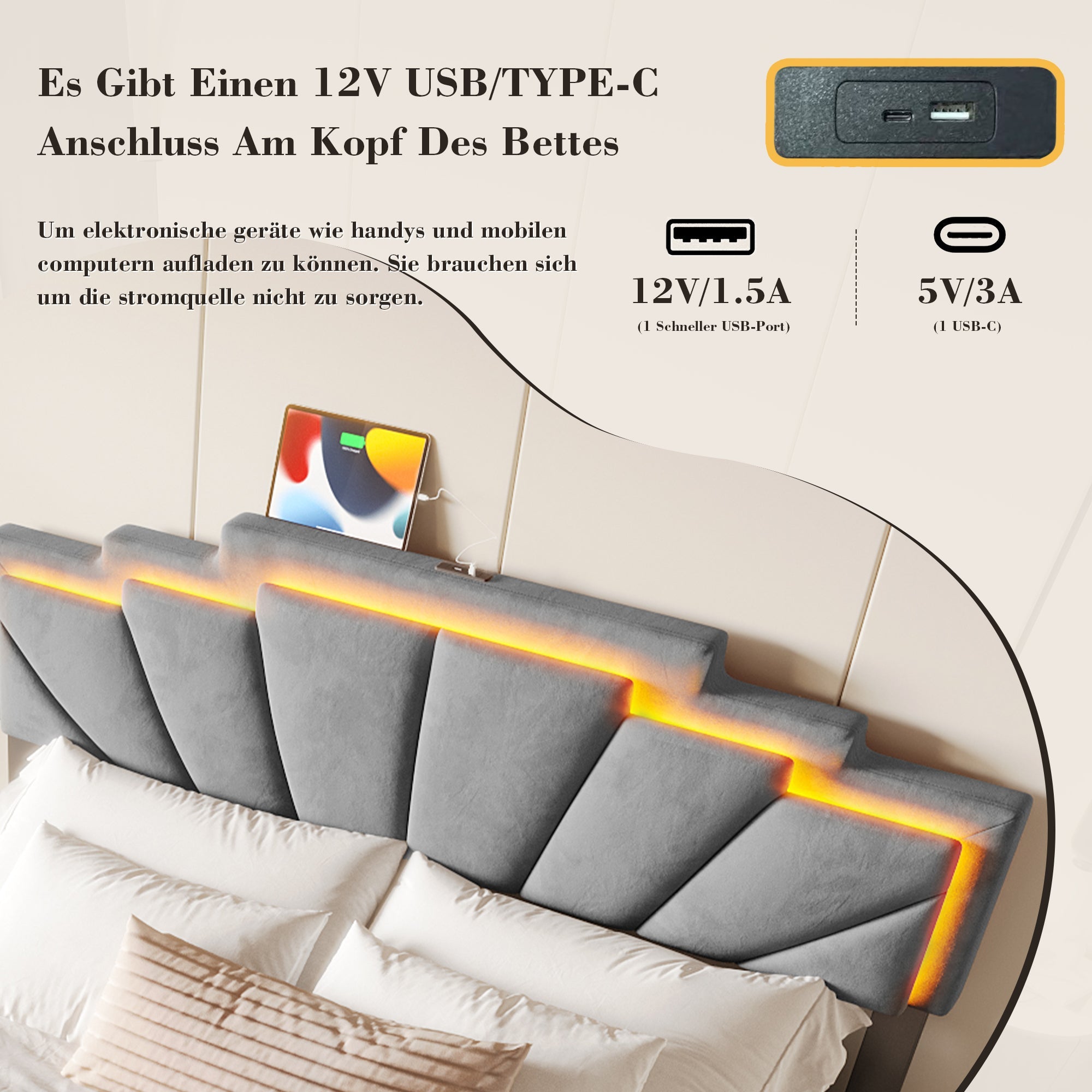 Logidon gestoffeerd bed 160x200 cm donkergrijs fluweel LED-hoofdbord