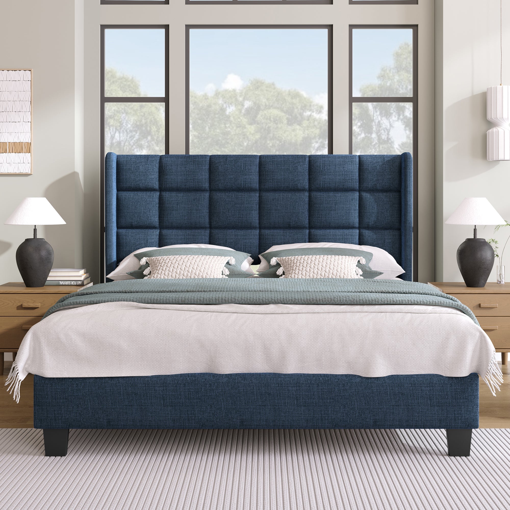 Logidon gestoffeerd bed 140x200 cm blauw linnen gecapitonneerd hoofdeinde