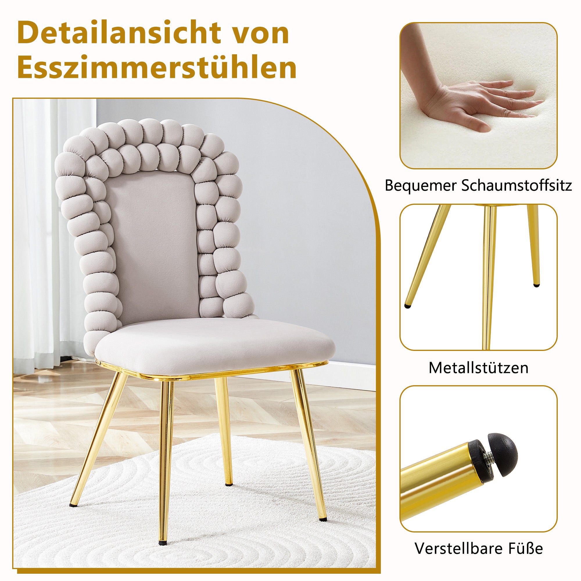 Logidon Set van 2 lichtgrijze fluwelen eetkamerstoelen met rugleuning met kogelketting