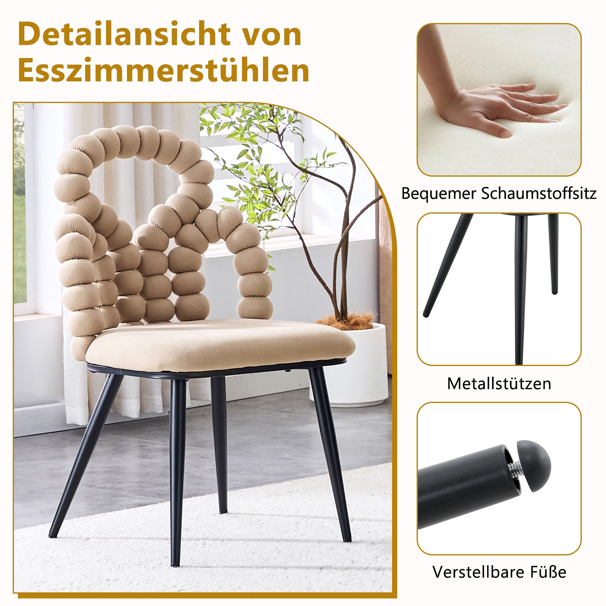 Logidon beige fluwelen eetkamerstoelen set met 2 kogelketting rugleuning
