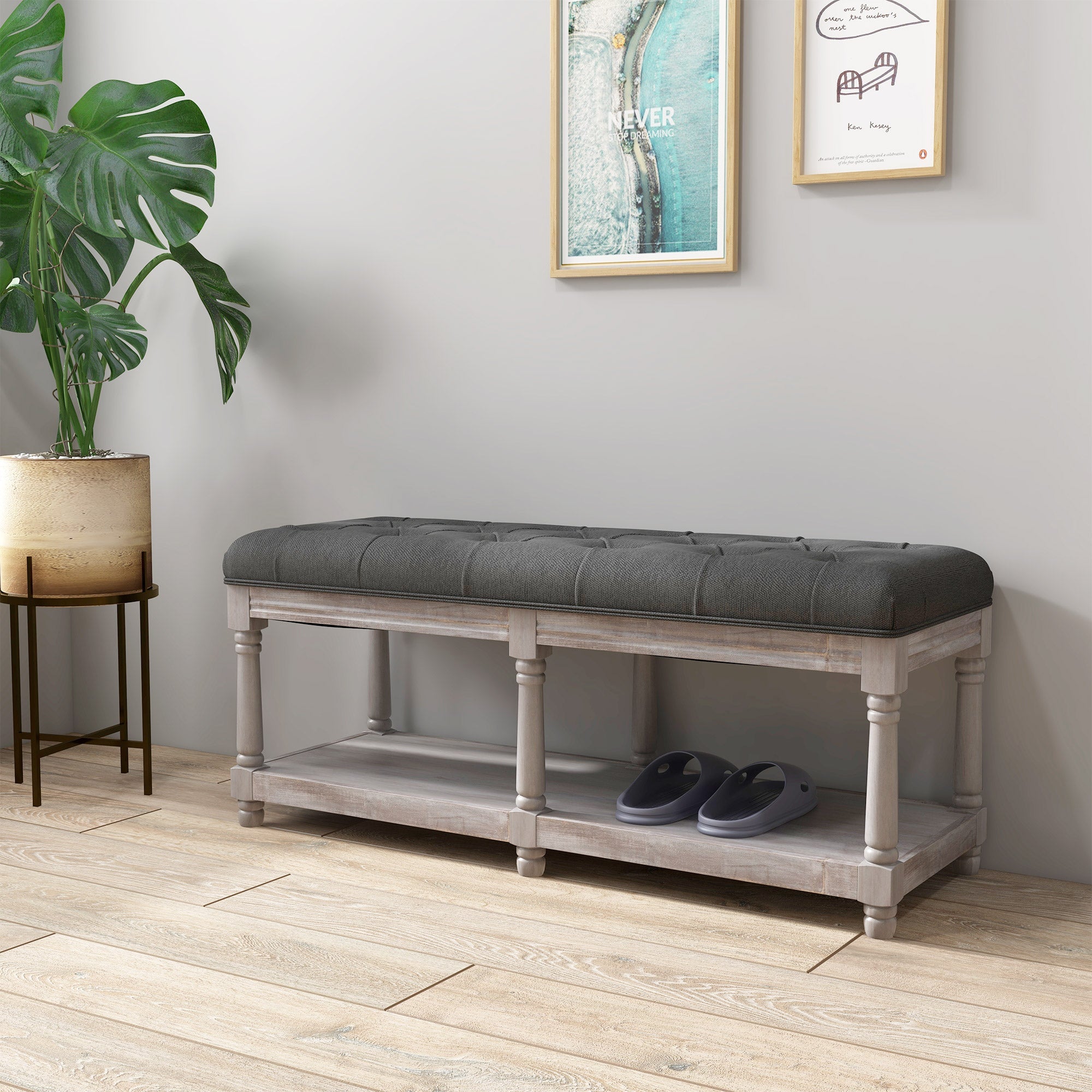 Logidon schoenenbank met zitje en opbergruimte in linnenlook 115x40x48 cm