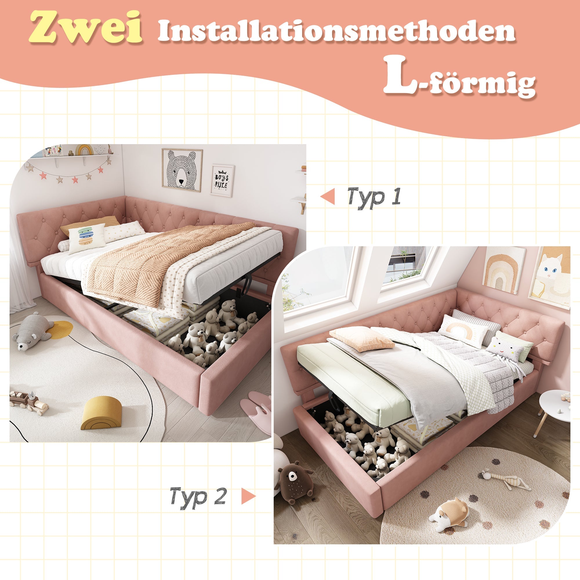 Logidon slaapbank 90x190 roze fluweel met hydraulische opbergruimte