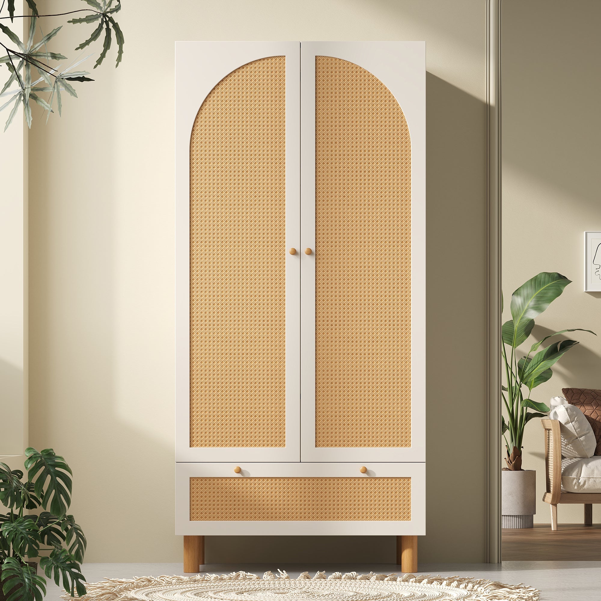 Logidon kledingkast wit met rotan deuren 180x85x52 cm landelijke stijl