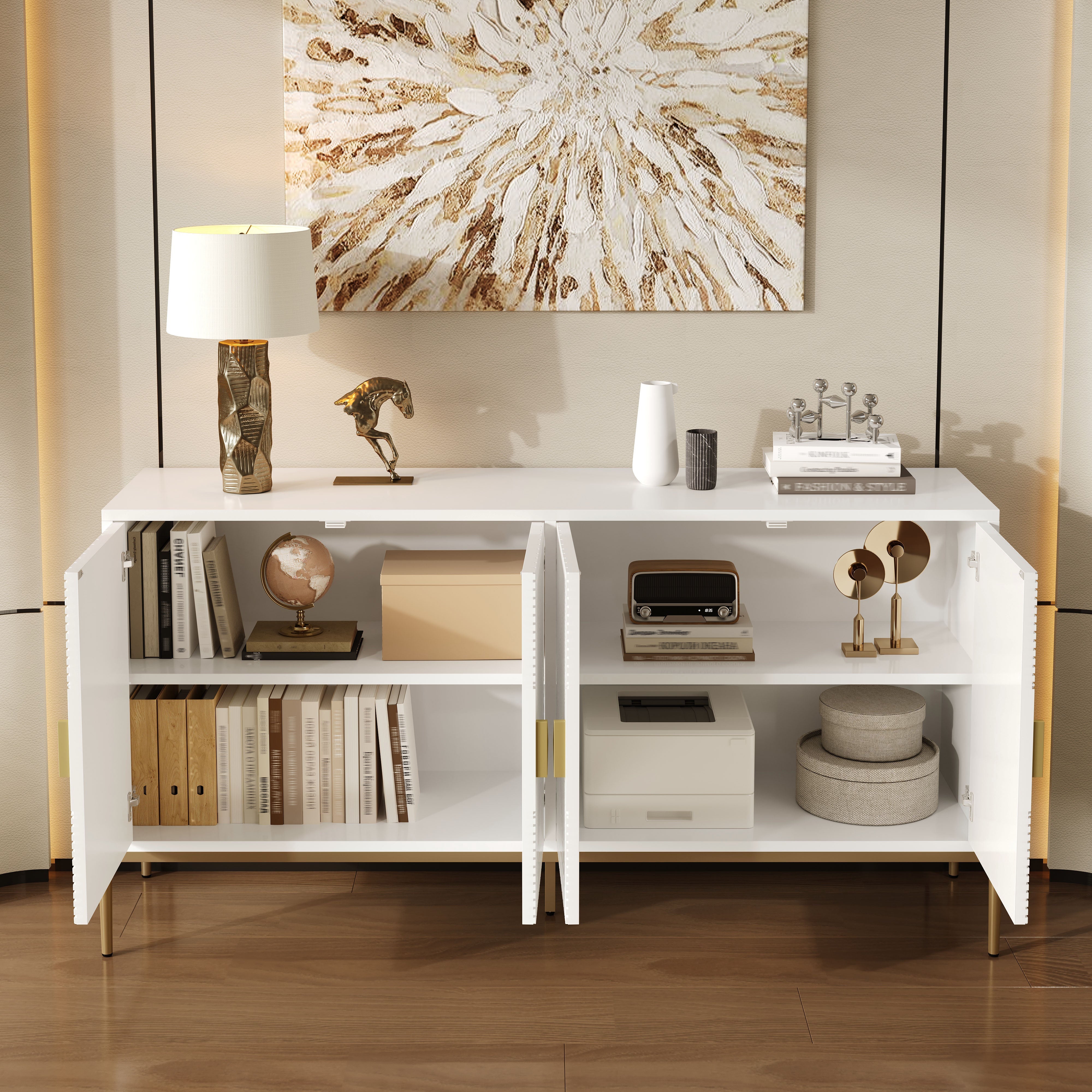 Logidon Modern dressoir wit met gouden details, 4 deuren, 162x40x80