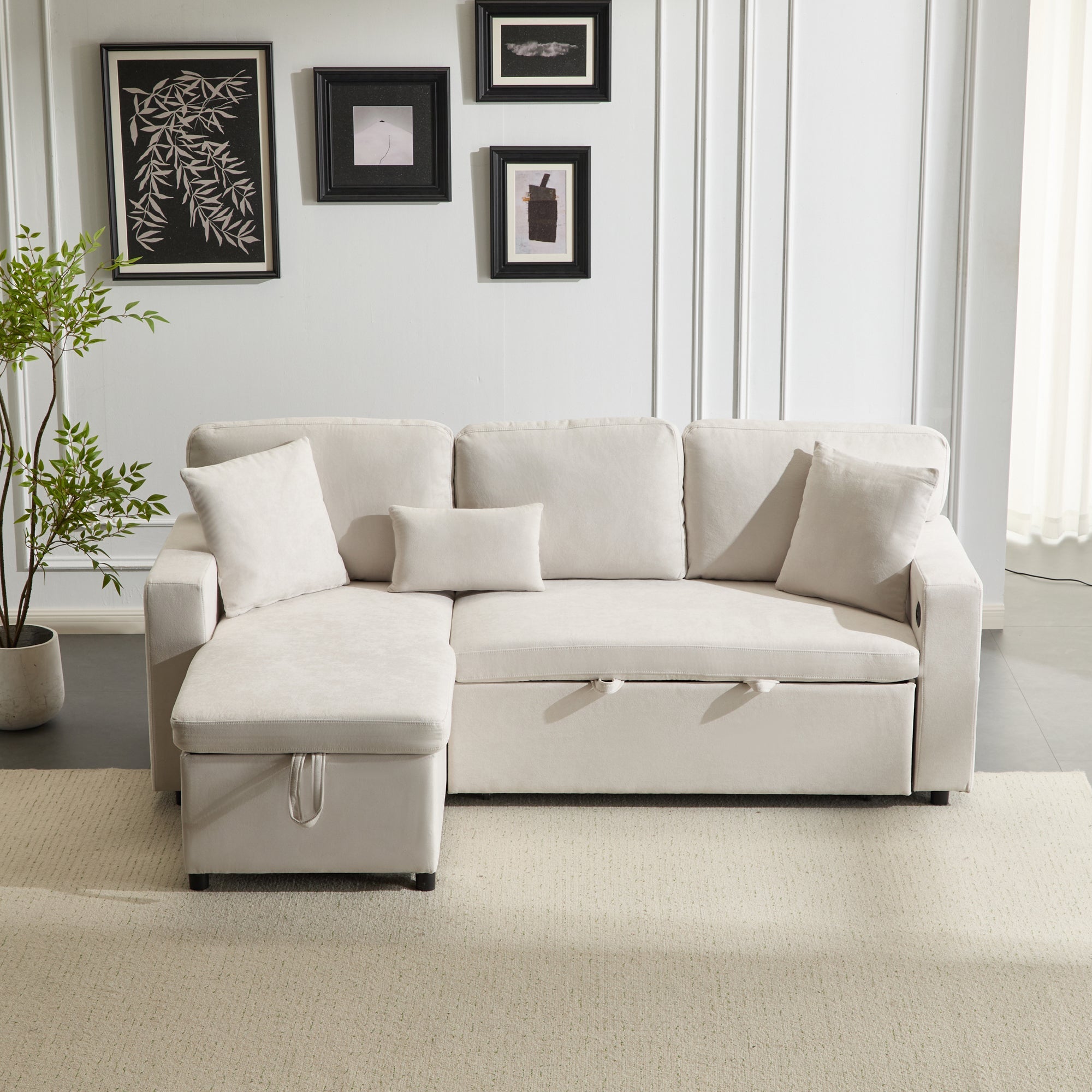 Logidon corner sofa bed L-shape extendable beige with bed box shelf