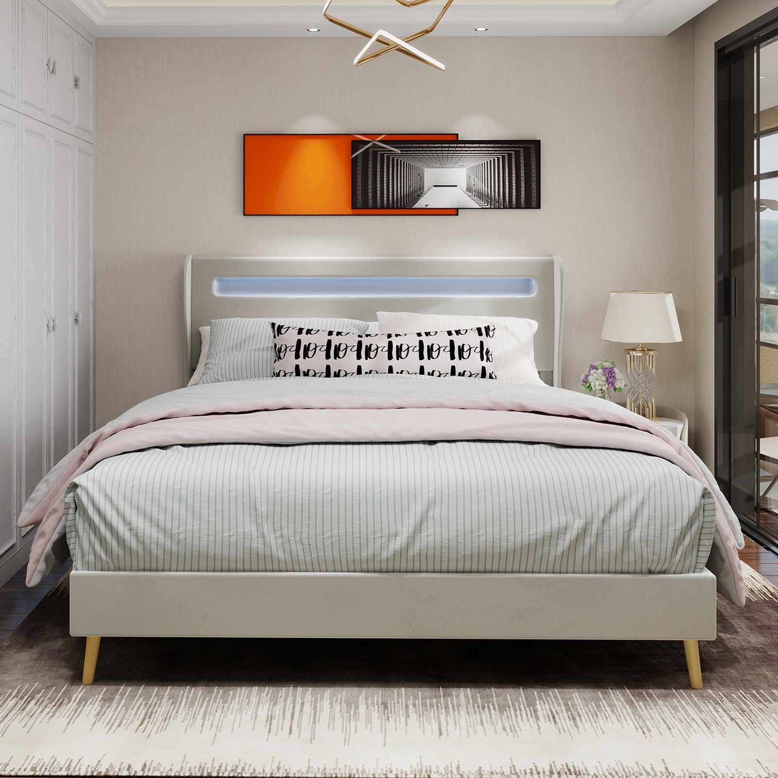 Logidon modern gestoffeerd bed beige 160x200 LED-hoofdeinde