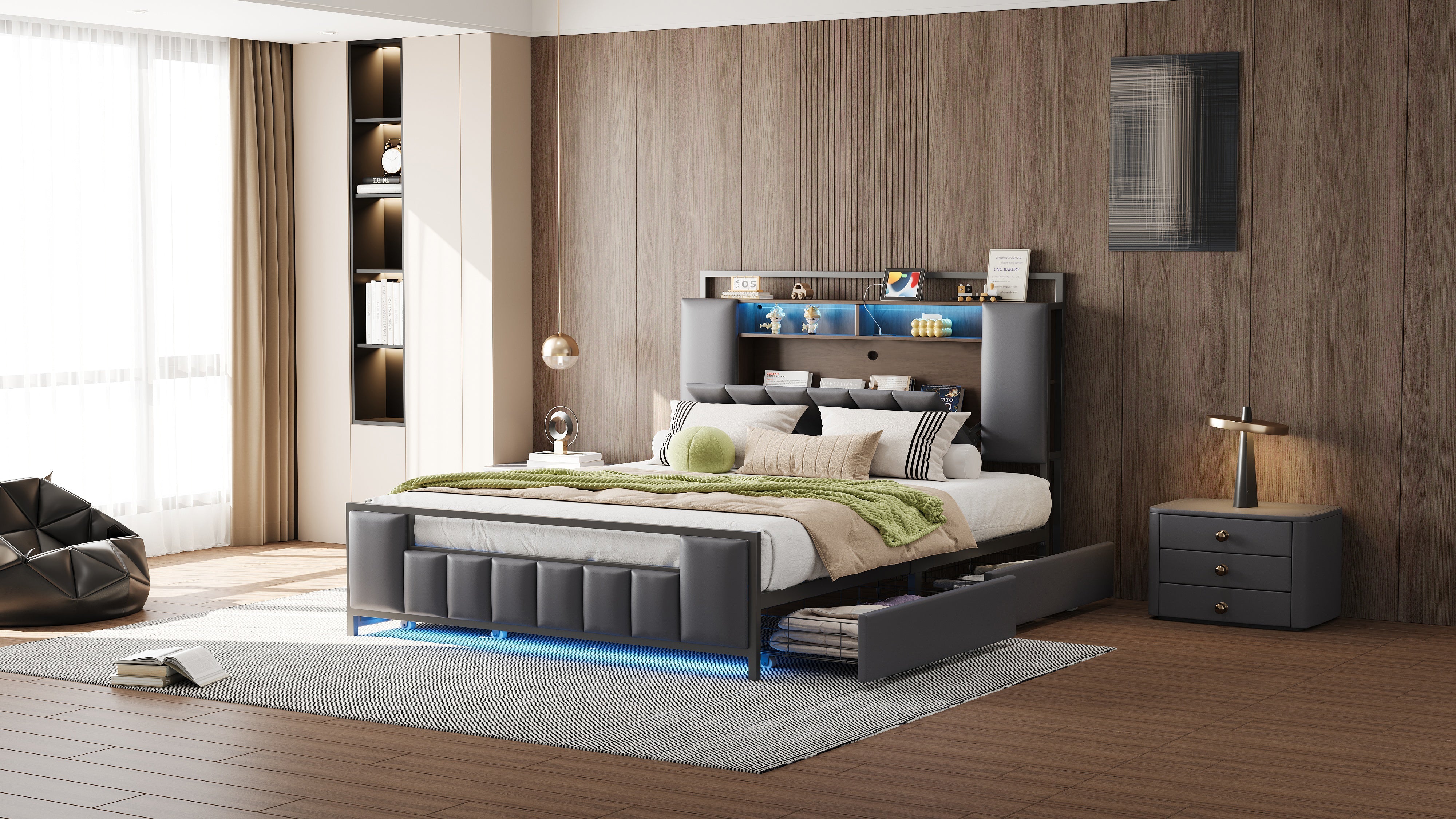 Logidon gestoffeerd bed 160x200 cm grijs kunstleer met LED USB-laden