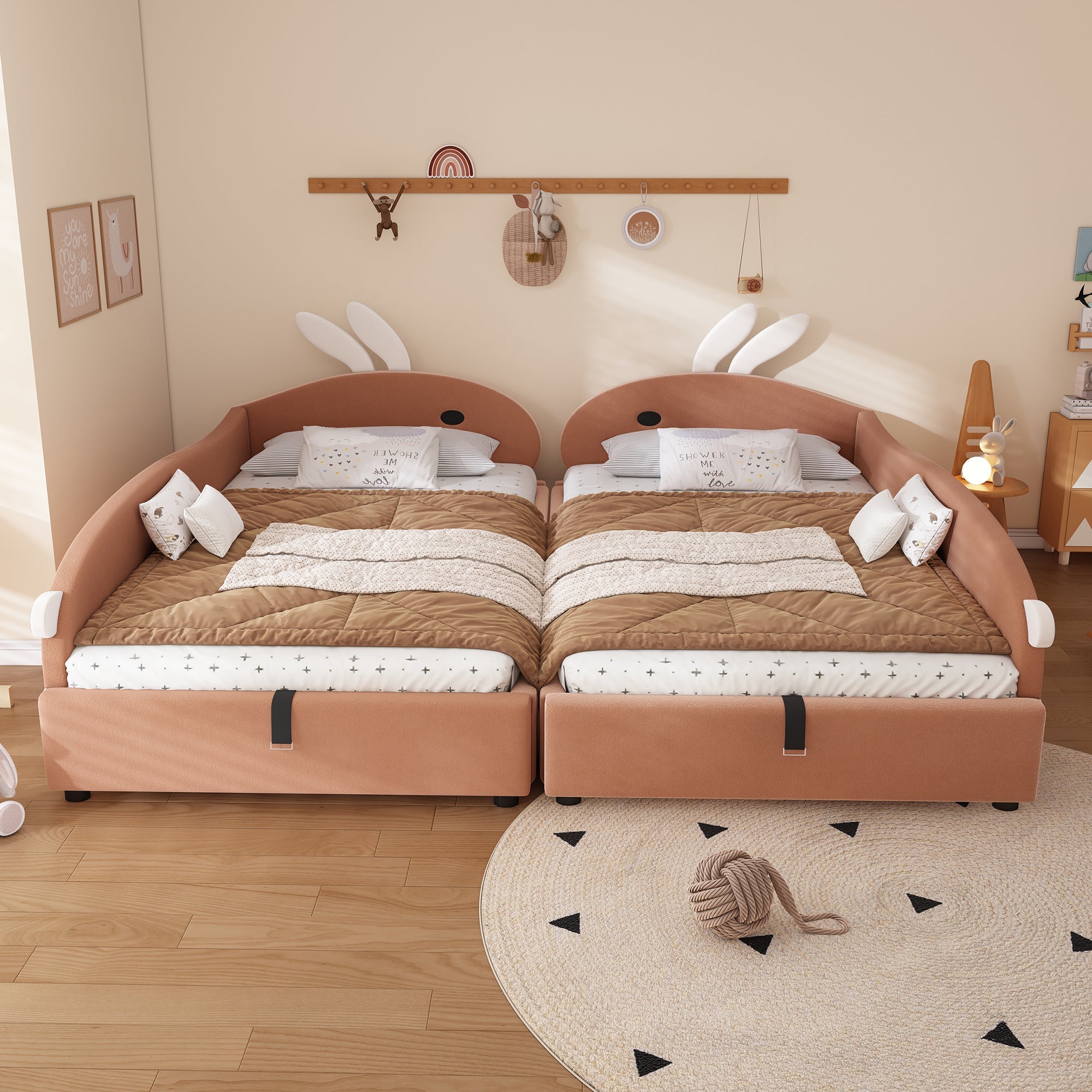 Logidon gestoffeerd bed 90x200 cm roze fluwelen konijn hoofdbord met opbergruimte