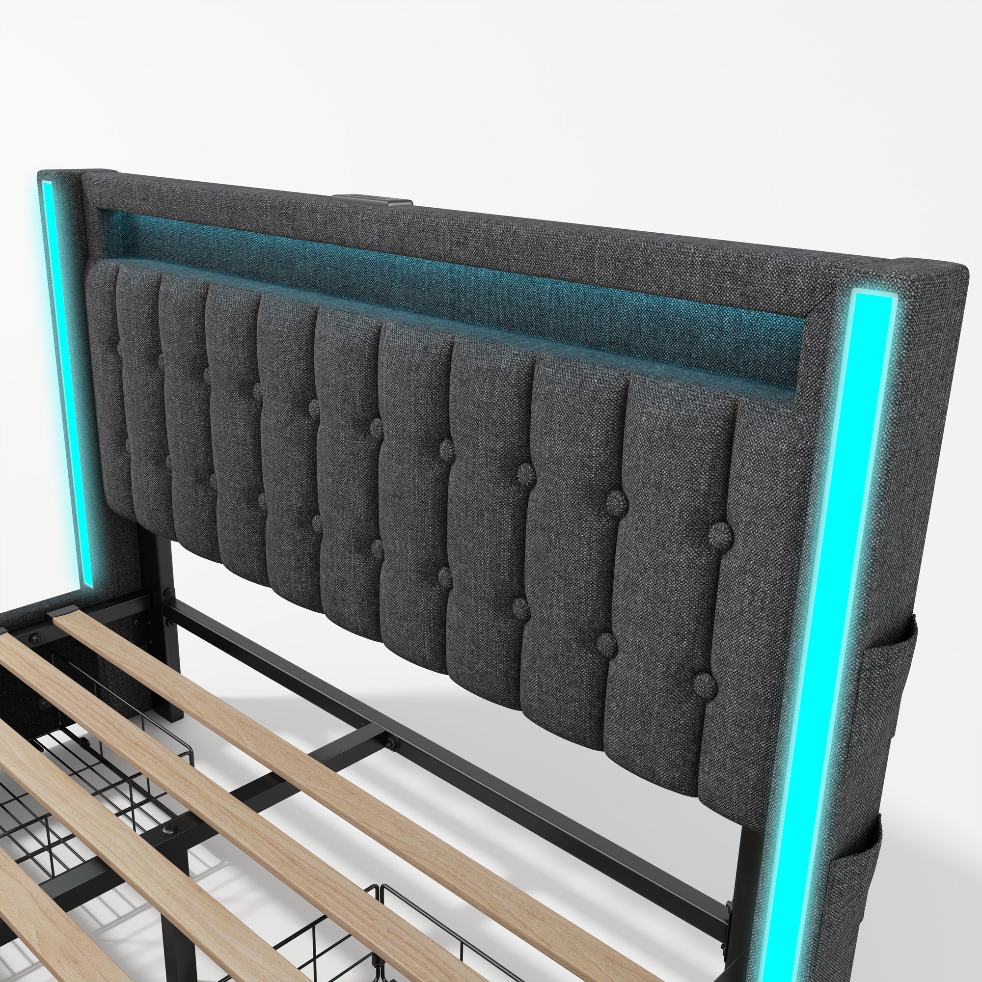 Logidon upholstered bed 160x200 USB C charging function LED lighting 4 drawers gray