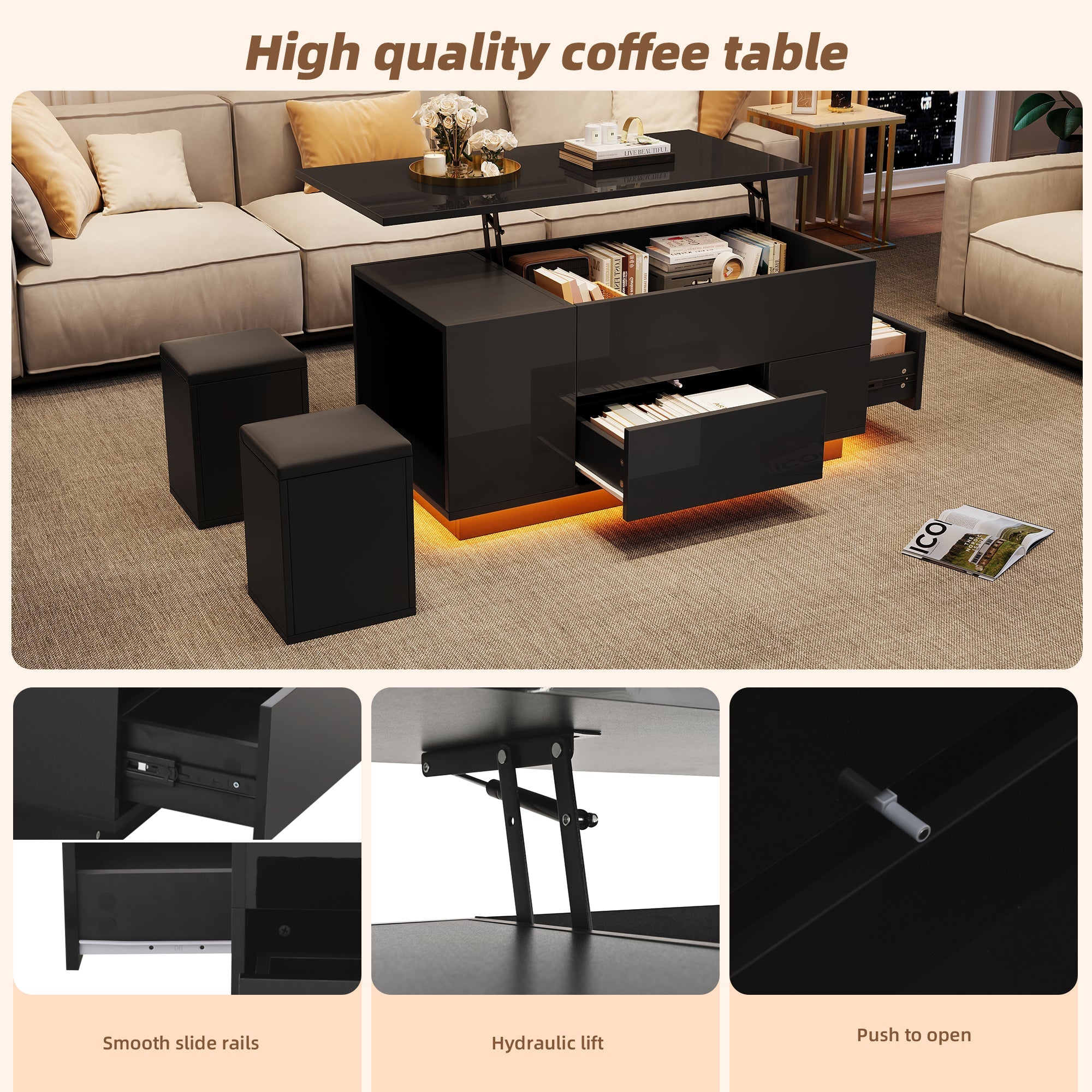Logidon 4-in-1 in hoogte verstelbare salontafel zwart 100x50x45 cm LED