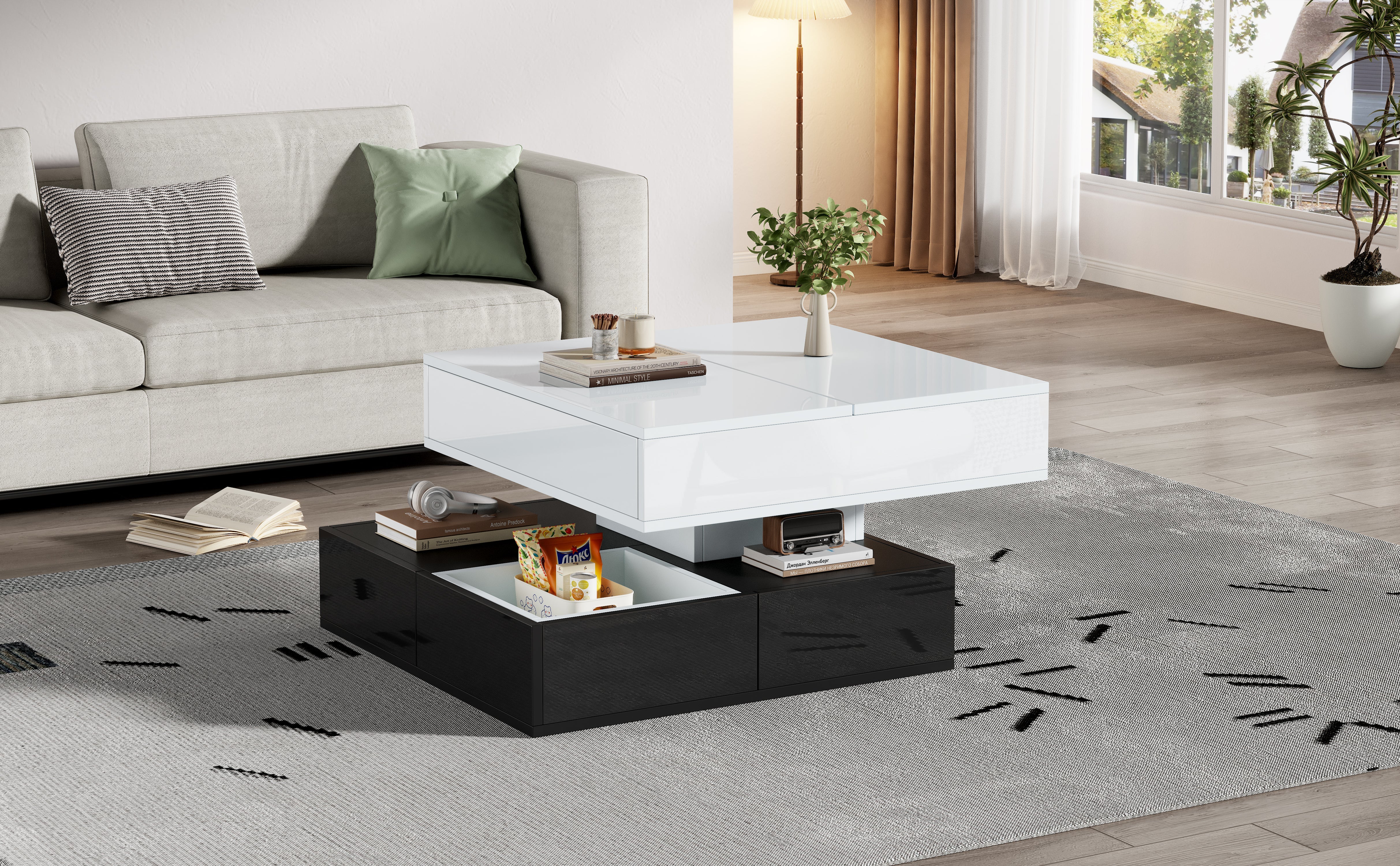 Logidon salontafel 70x70 hefblad 360 graden draaibaar 3 lades wit