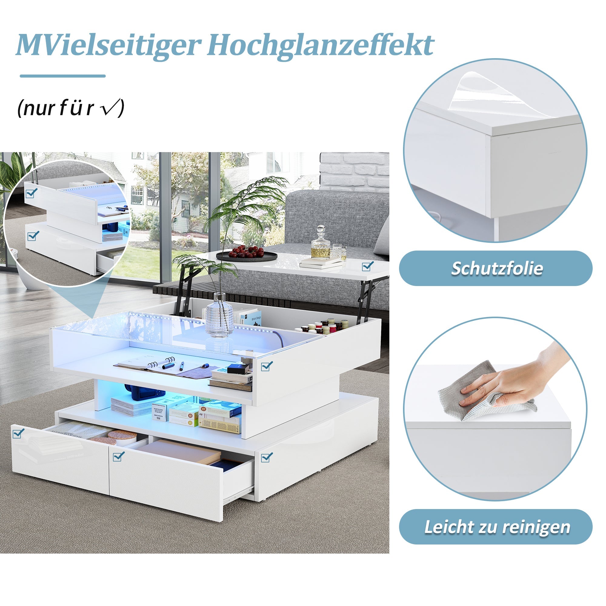 Logidon In hoogte verstelbare salontafel 80x80 cm witte LED opbergruimte