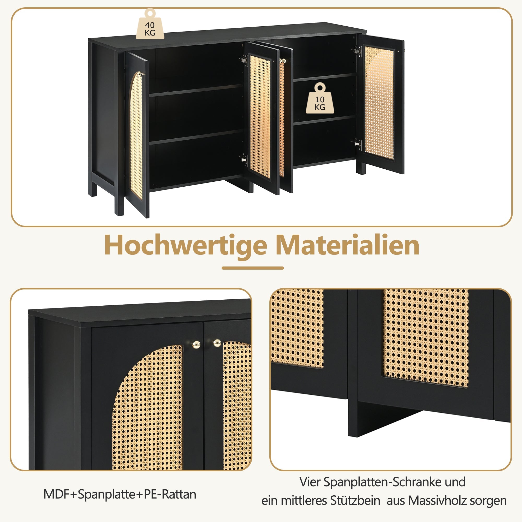 Logidon Dressoir Zwart Met Rotan Deuren Modern Buffet 145x40x80