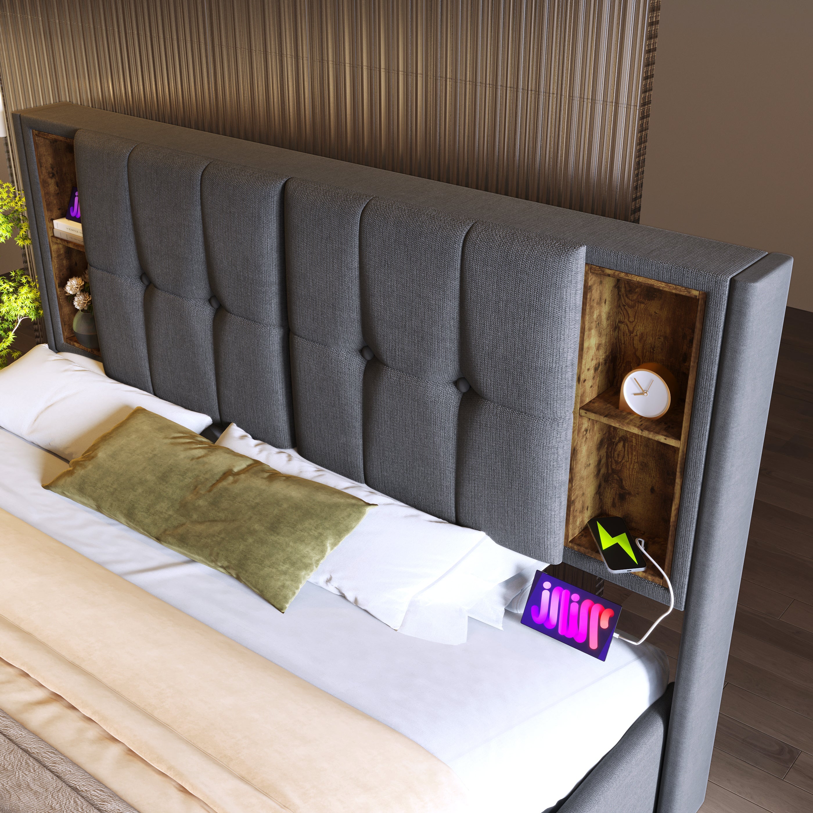 Logidon double bed 160x200 cm wireless charging USB C upholstered bed gray