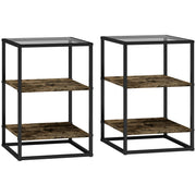 Logidon set van 2 bijzettafels met glazen blad, rustiek bruin metalen frame