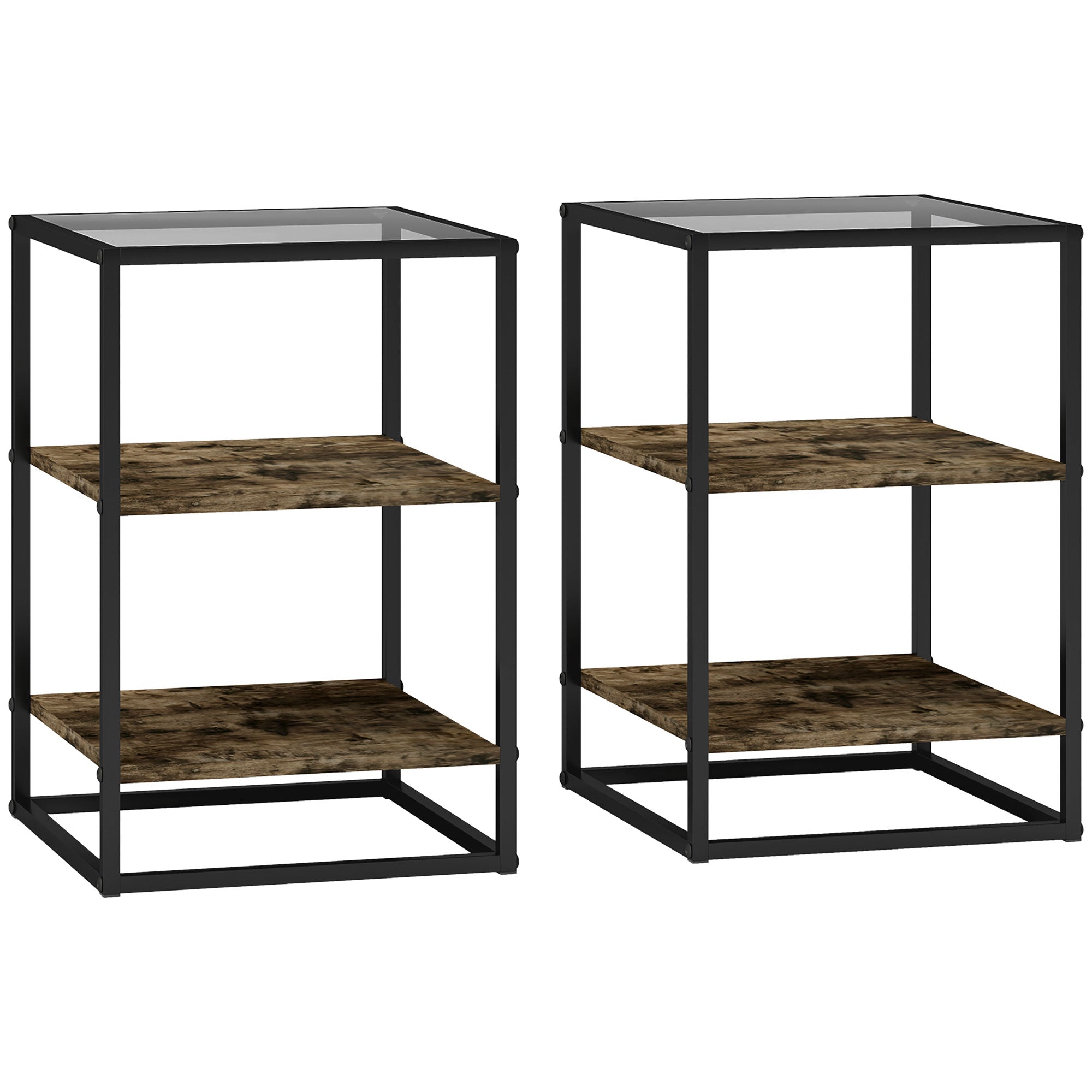 Logidon set van 2 bijzettafels met glazen blad, rustiek bruin metalen frame