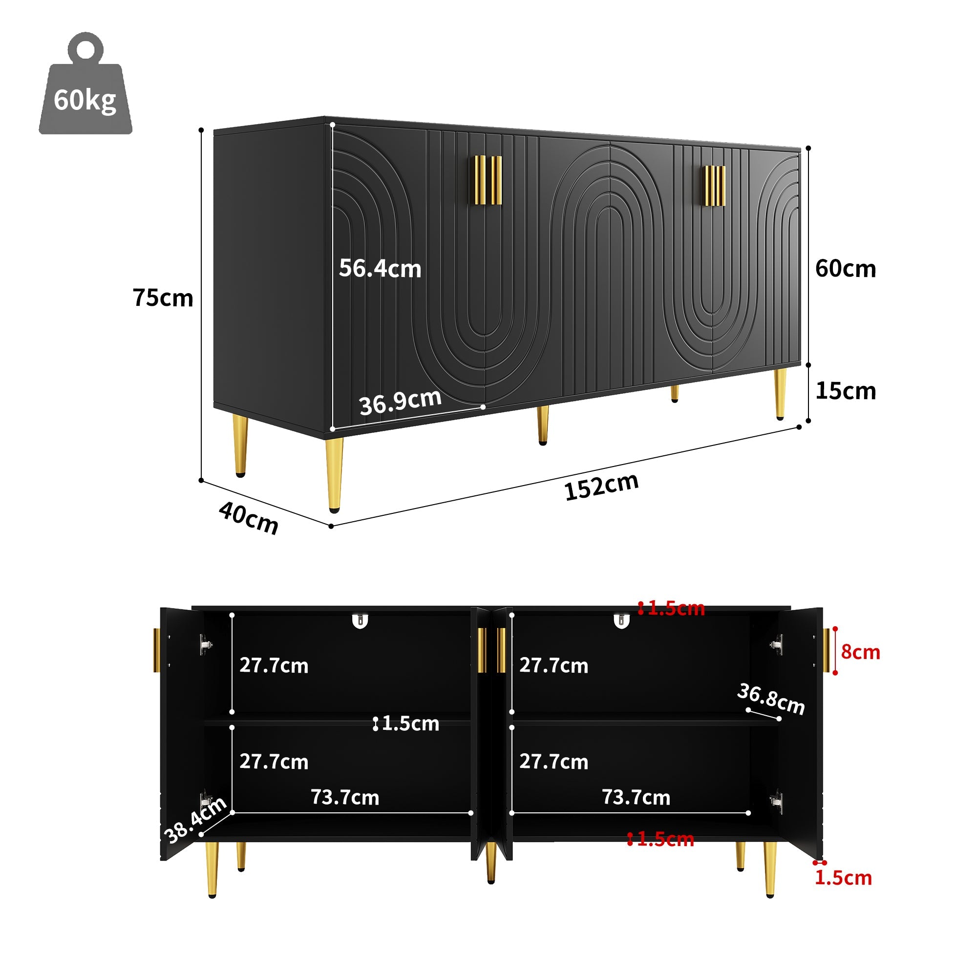 Logidon Zwart dressoir 152x40x75 cm golfdesign