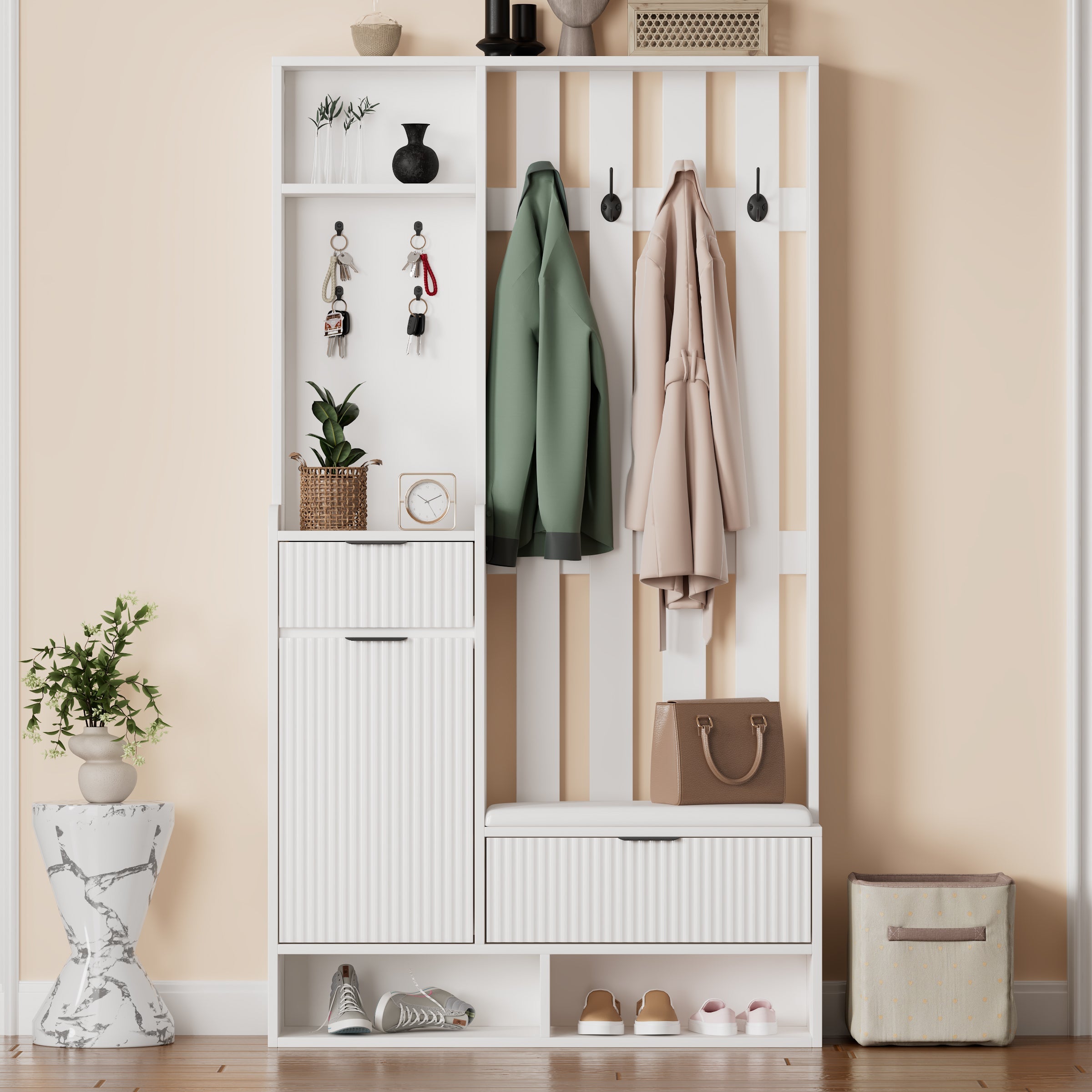 Logidon Kledingkast 6in1 Wit 100x30x180 cm Schoenenbankopberger