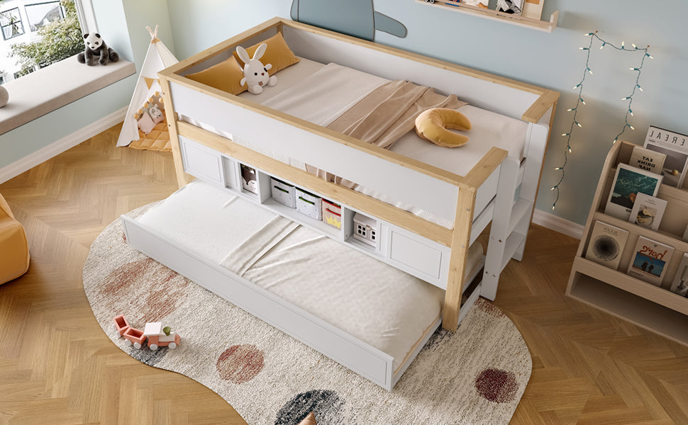 Logidon halfhoogsbed 90x200 wit naturel met onderschuifbed en opbergruimte