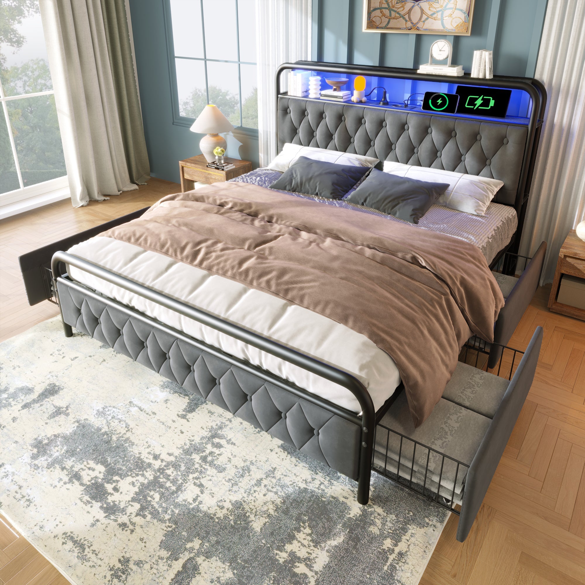 Logidon gestoffeerd bed tweepersoonsbed 160x200 fluweelgrijs USB-C oplaadfunctie LED
