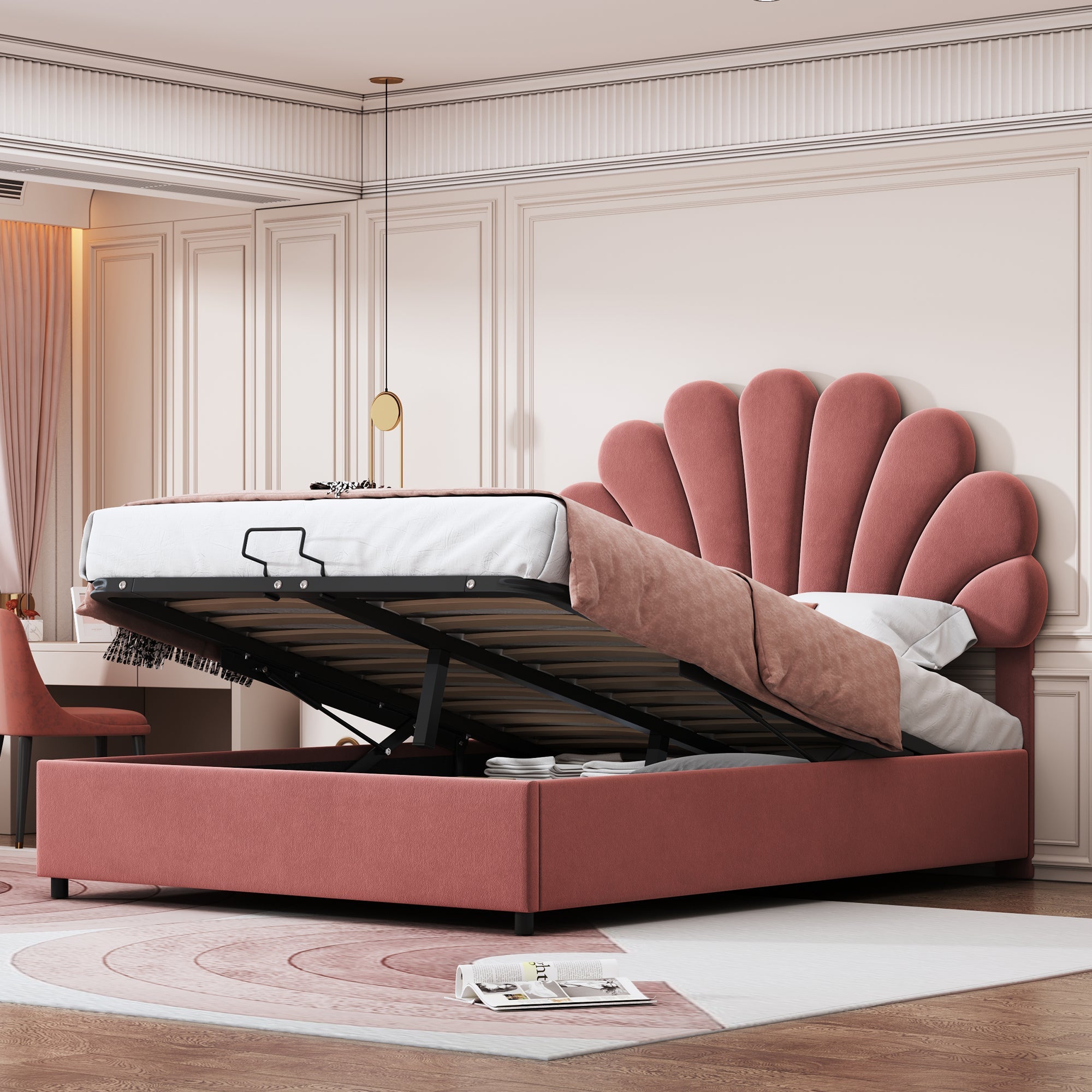 Logidon upholstered bed 140x200 pink with floral headboard and storage space