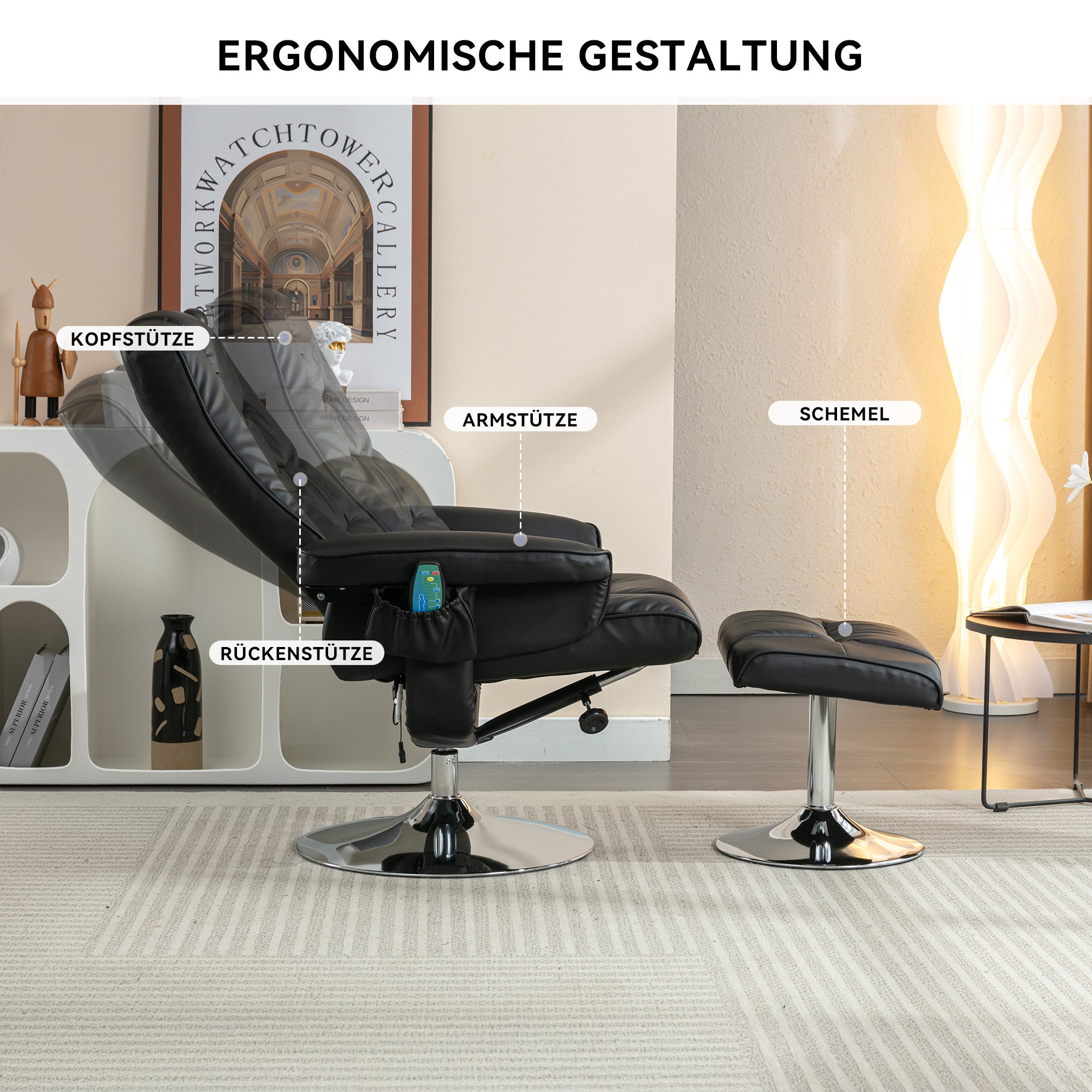 Logidon massagestoel zwart met PU vulling en poef