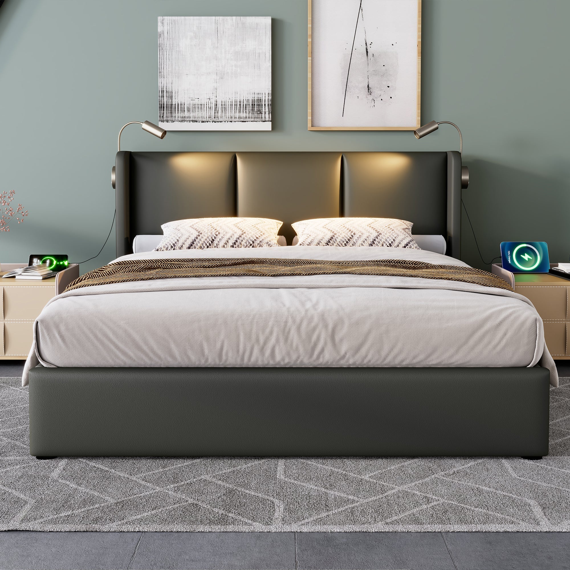 Logidon upholstered bed 160x200 with storage space, reading light charging function gray