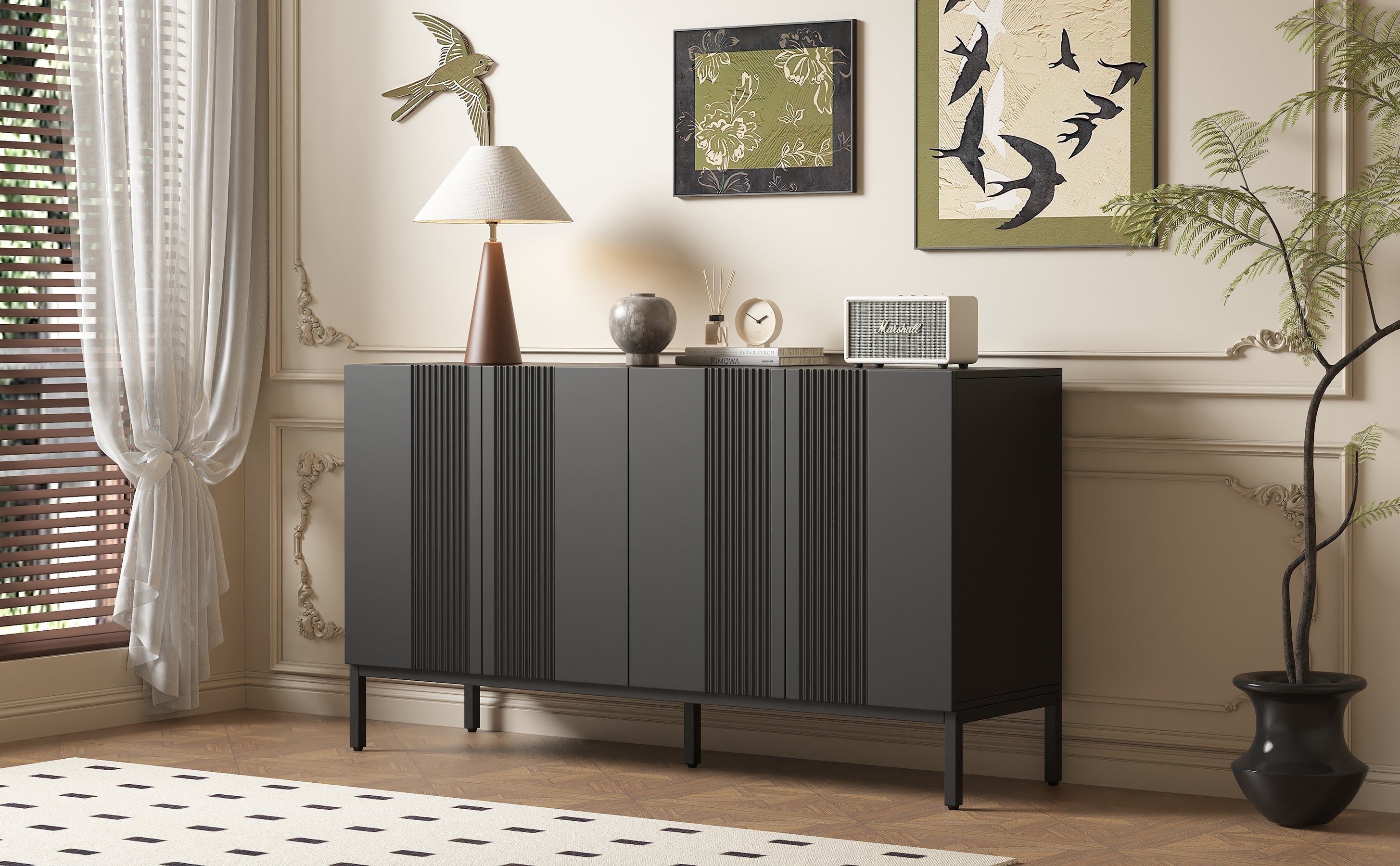 Logidon Modern Dressoir 4-deurs Greeploos Zwart 145x41x80 cm