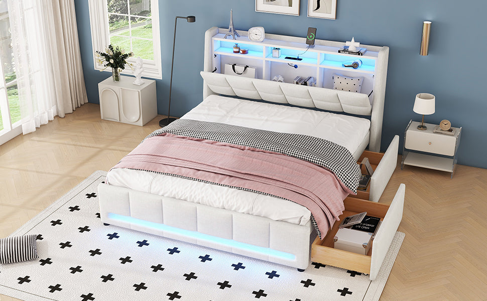 Logidon gestoffeerd bed 160x200 cm beige linnen met LED app bediening