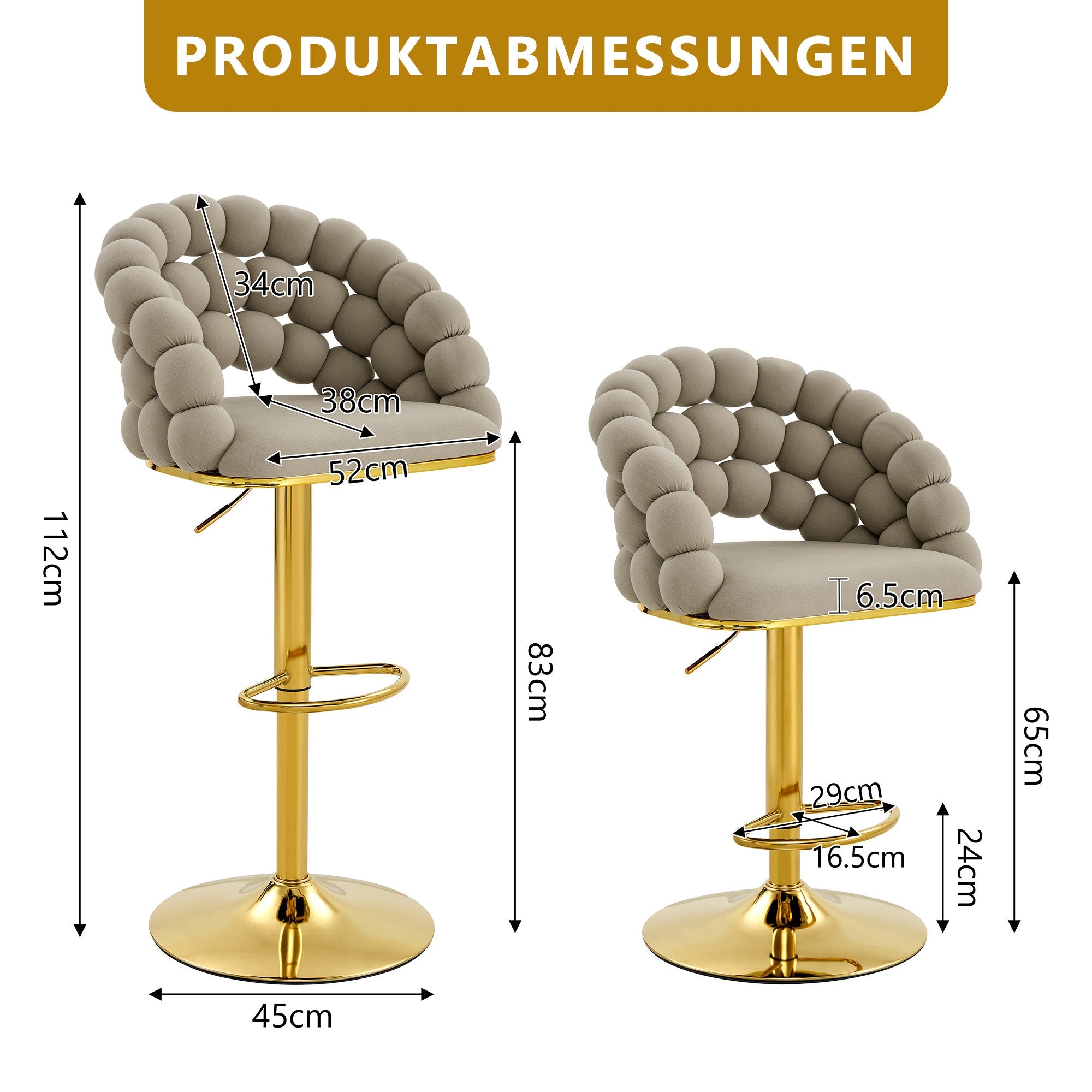Logidon grijze fluwelen barkrukken set van 2 kogelketting rugleuning gouden frame