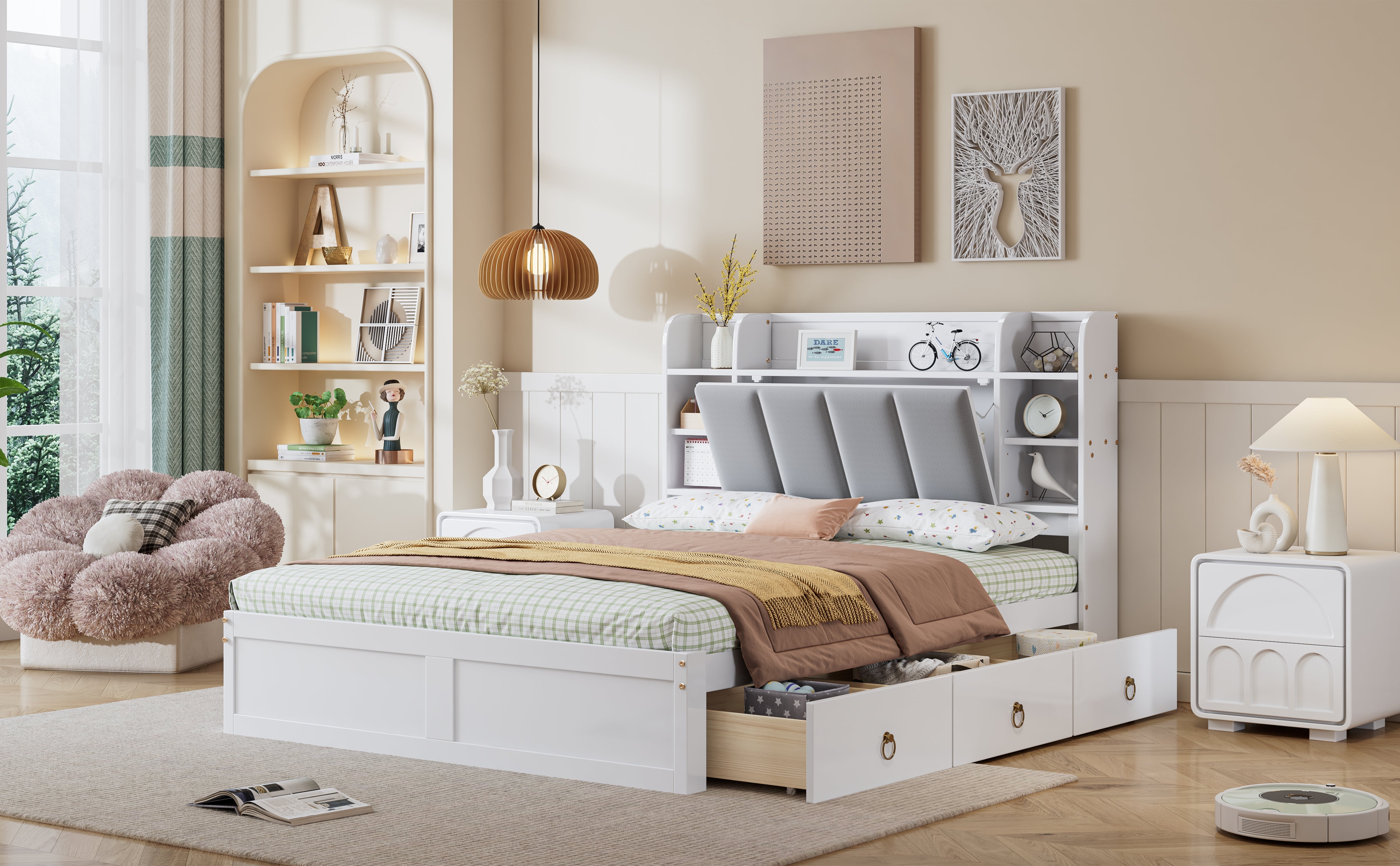 Logidon tweepersoonsbed witgrijs 140x200 cm plank drie lades op wielen
