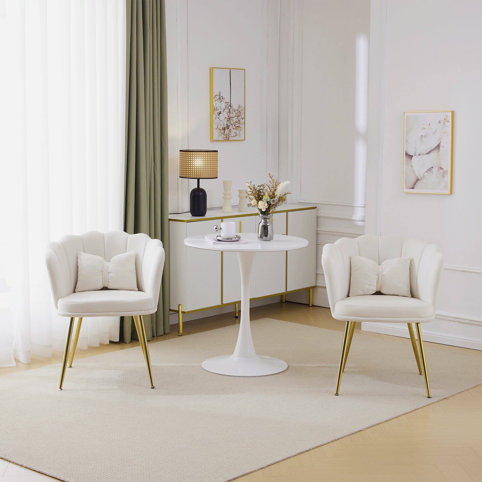 Logidon set van 2 fluwelen stoelen met beige bloemblaadjes en gouden poten