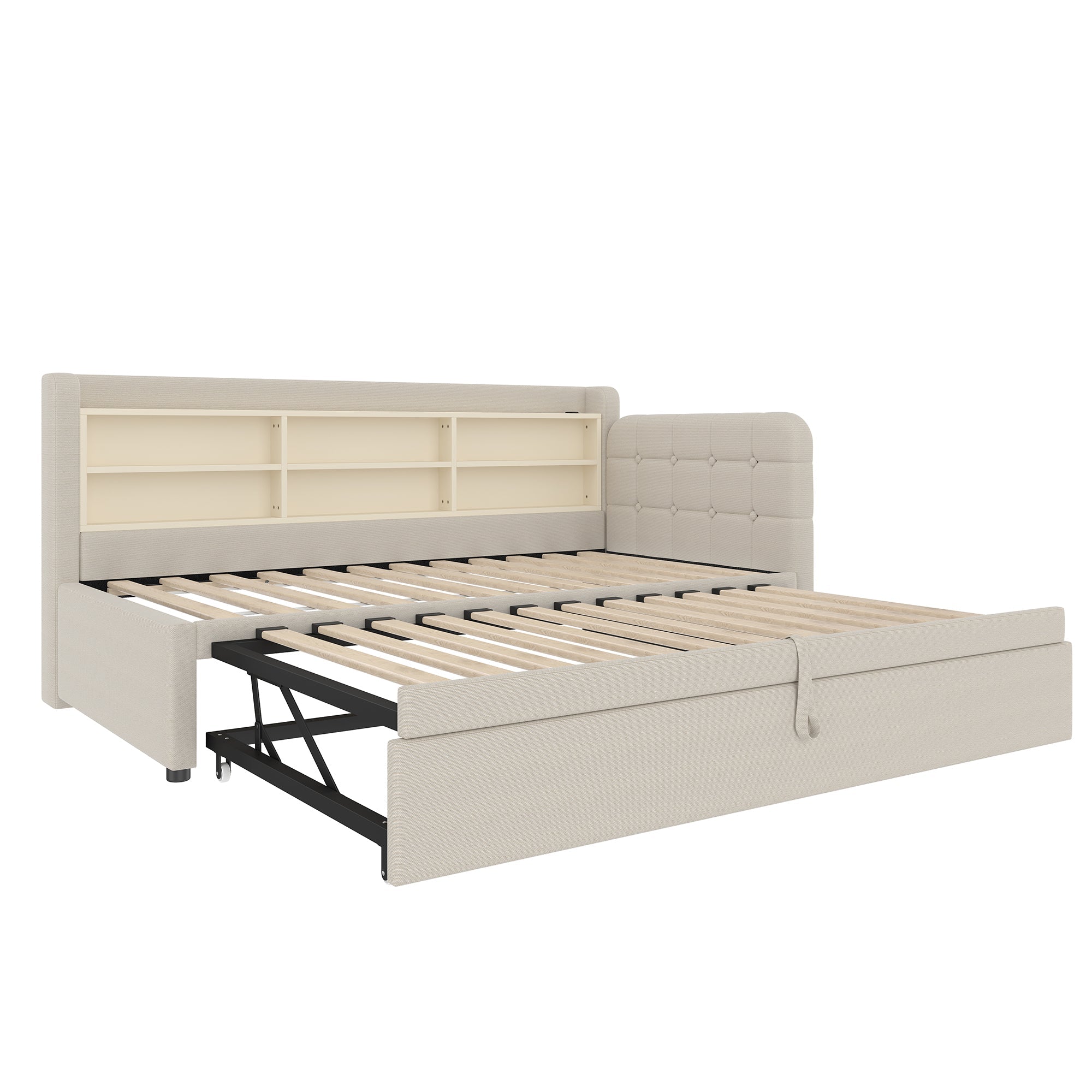 Logidon Daybed 90x200 beige linnen uitschuifbare slaapbank USB Type C