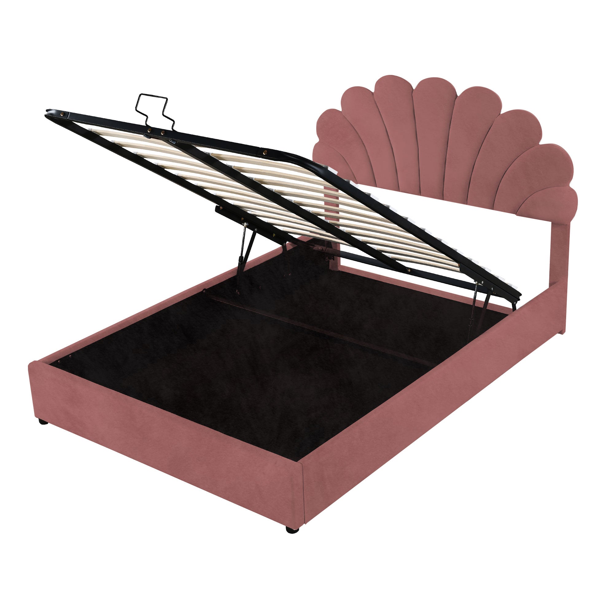 Logidon upholstered bed 140x200 pink with floral headboard and storage space