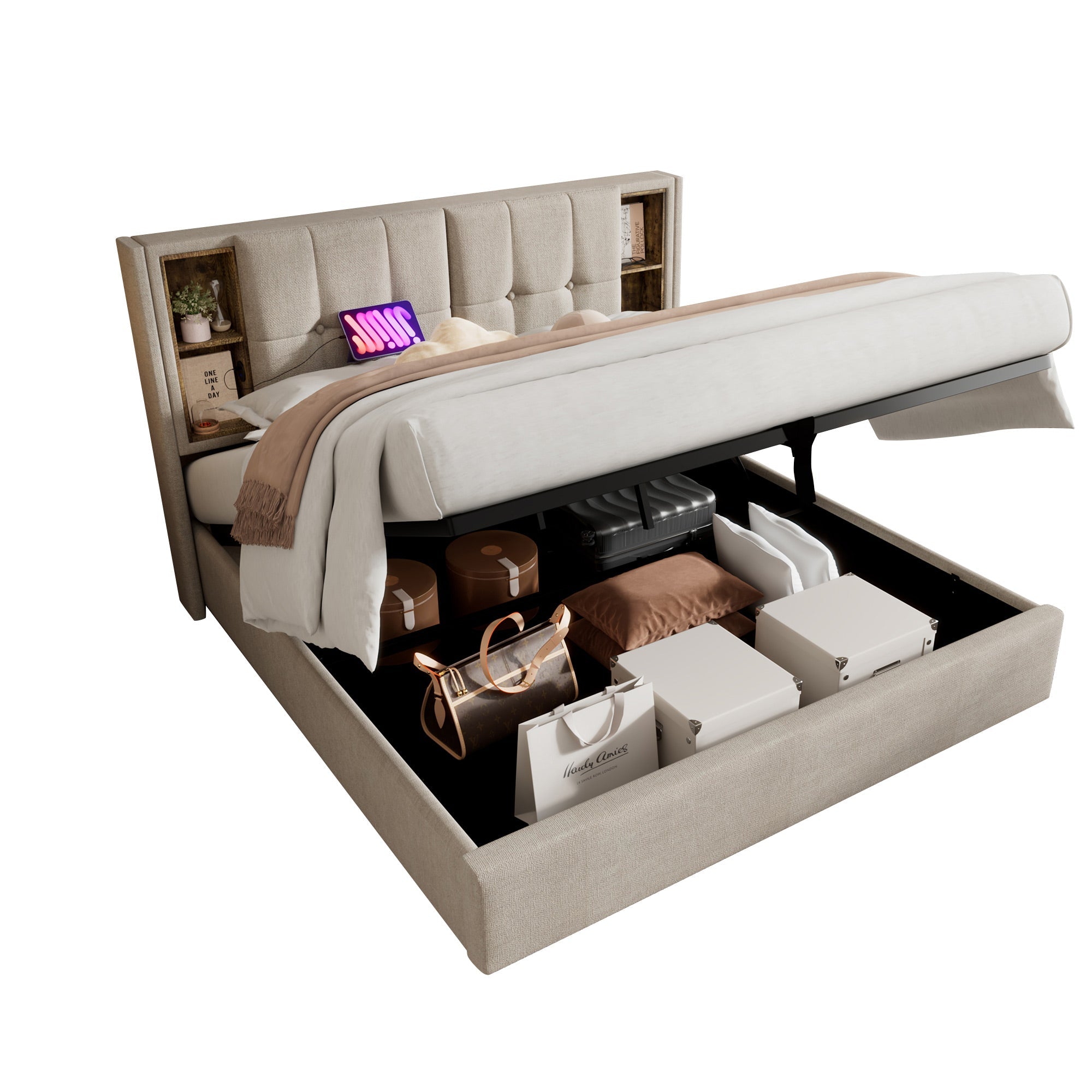 Logidon tweepersoonsbed 140x200 draadloos opladen USB C opbergruimte linnengoed