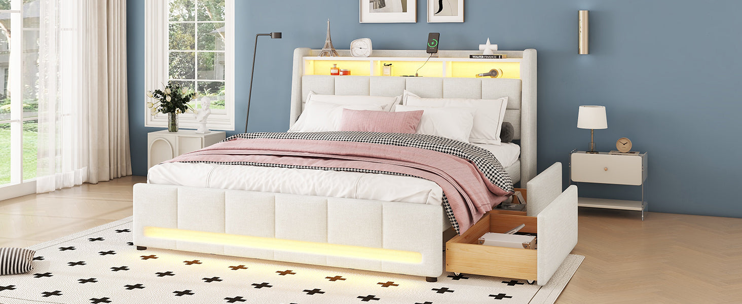 Logidon gestoffeerd bed 160x200 cm beige linnen met LED app bediening