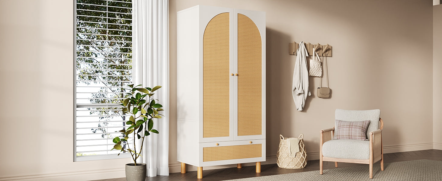 Logidon kledingkast wit met rotan deuren 180x85x52 cm landelijke stijl