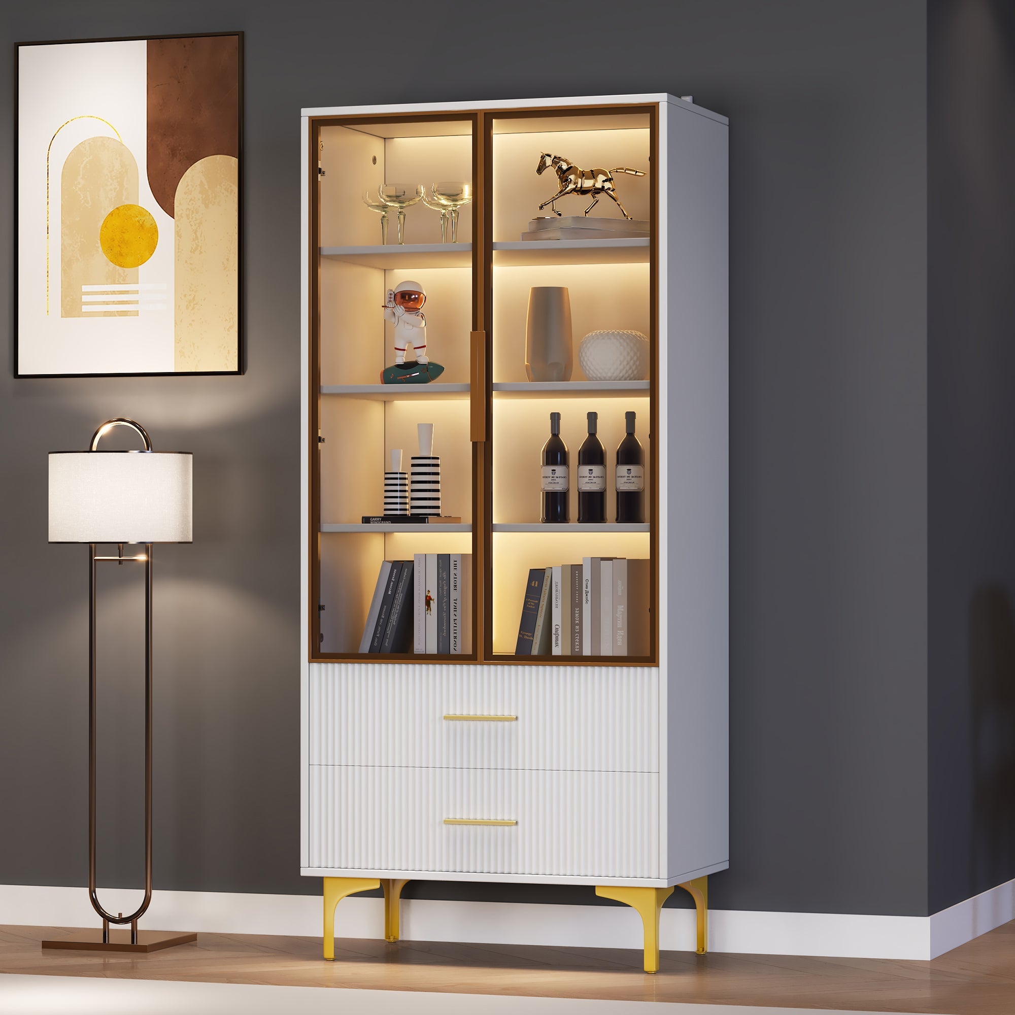 Logidon Elegant White Glass Display Cabinet 70x35x150 cm Teal Glass Doors