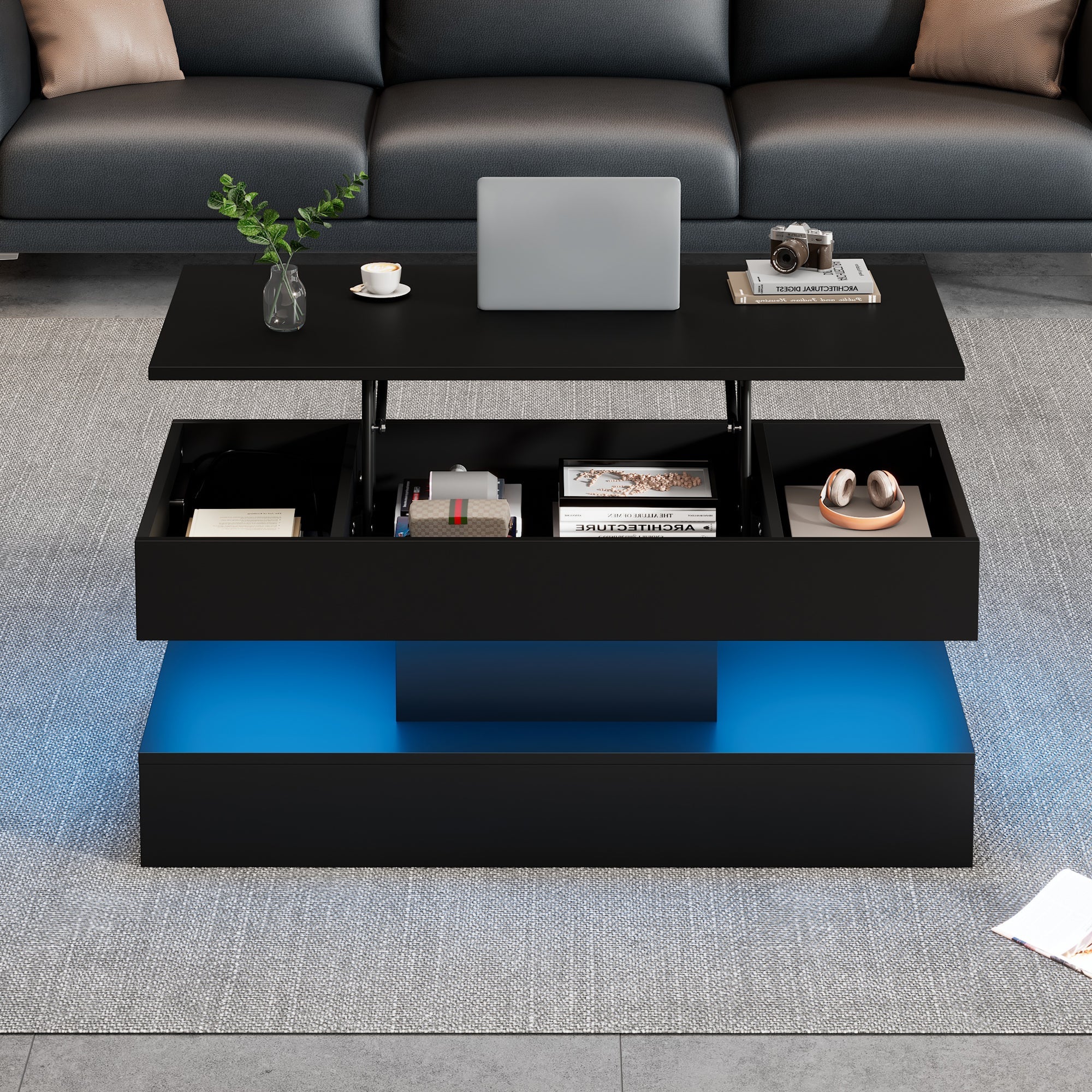 Logidon LED Salontafel met verborgen opbergruimte 100x50 cm Zwart