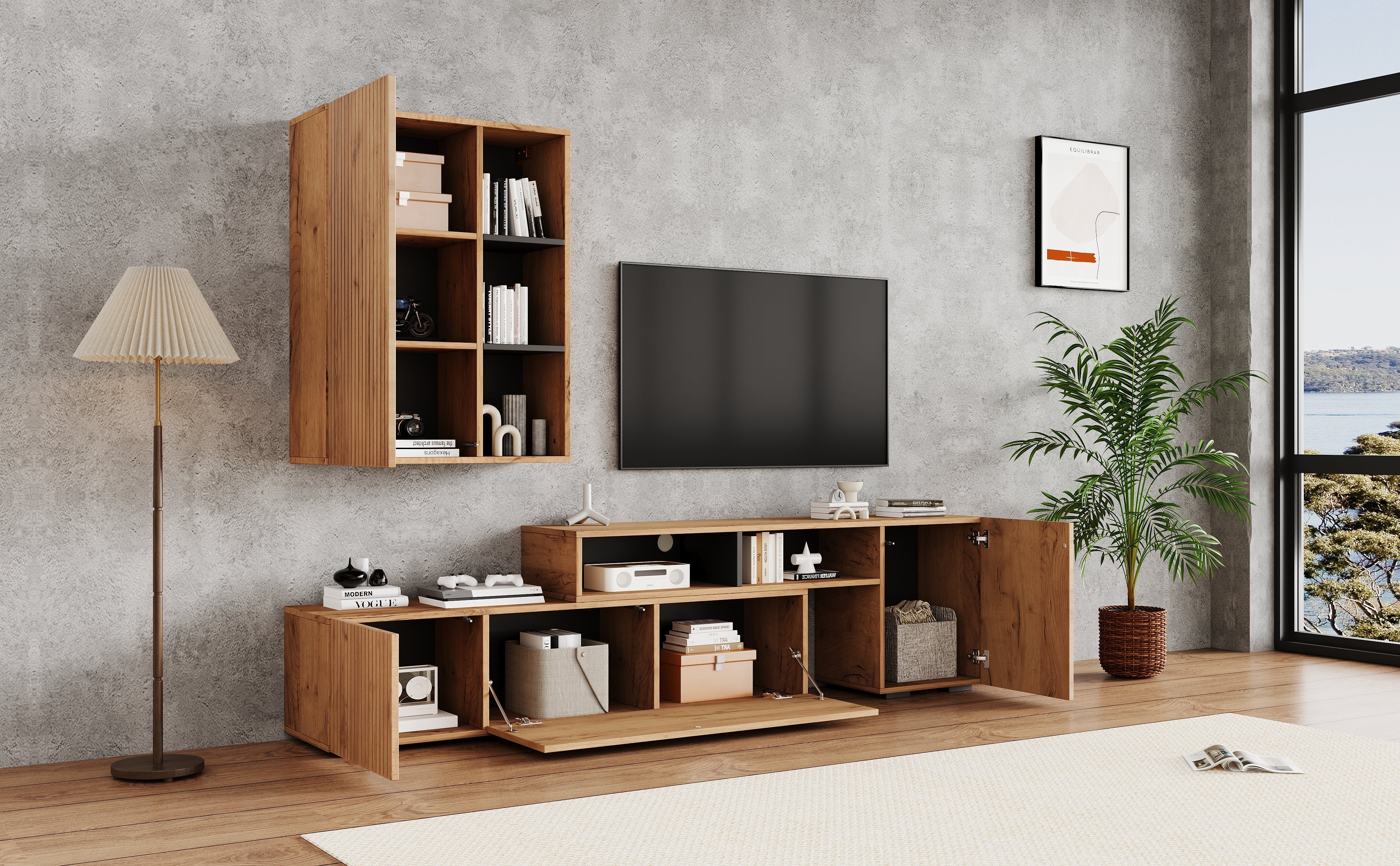 Logidon TV wall unit set display case two parts up to 265 cm oak black