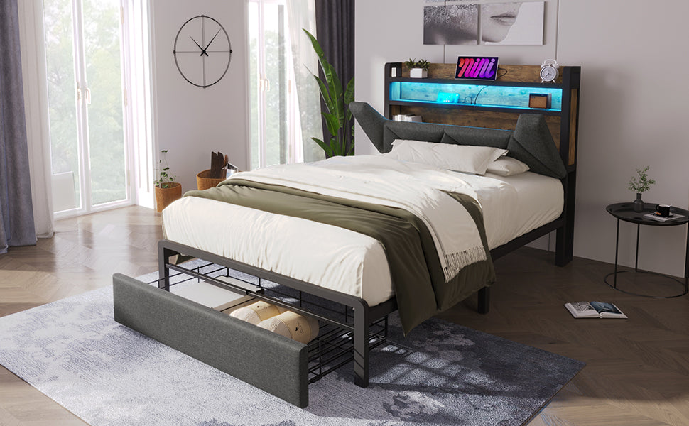 Logidon gestoffeerd bed USB oplaadfunctie opbergruimte hoofdbord LED grijs 90x200
