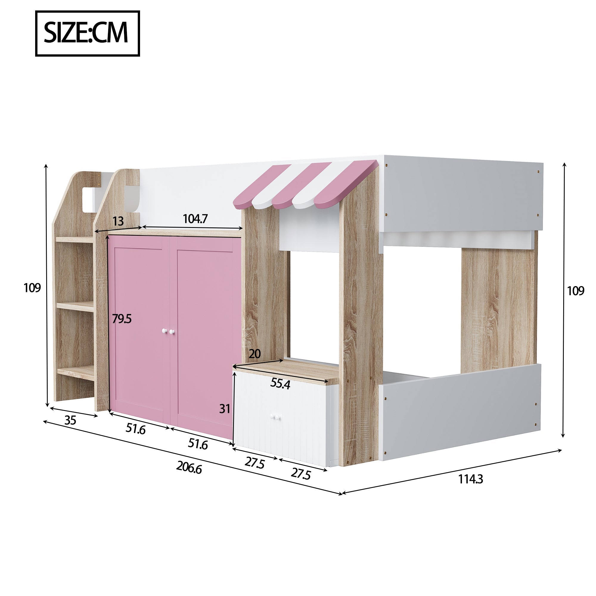 Logidon House Bed Kinderbed 90x200 met opbergruimte en ladder wit roze
