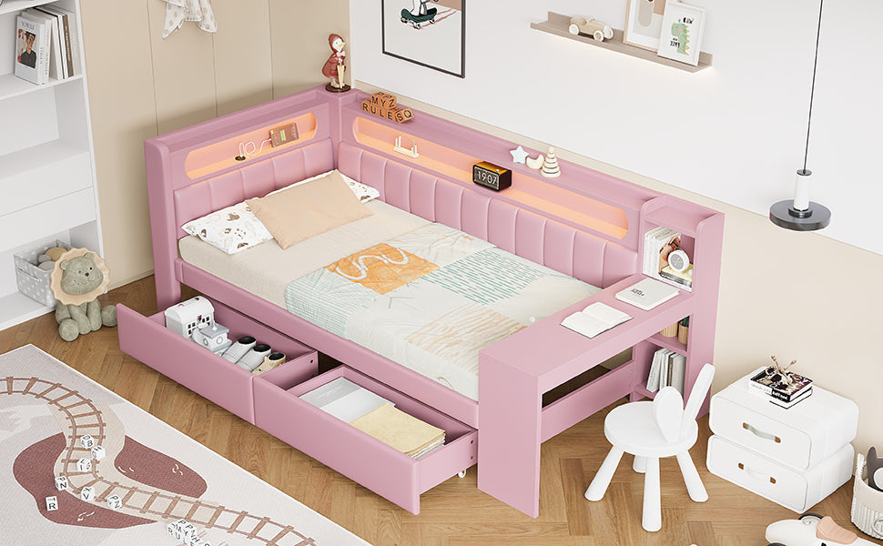 Logidon Daybed 90x200 Upholstered With USB And LED And Desk Pink