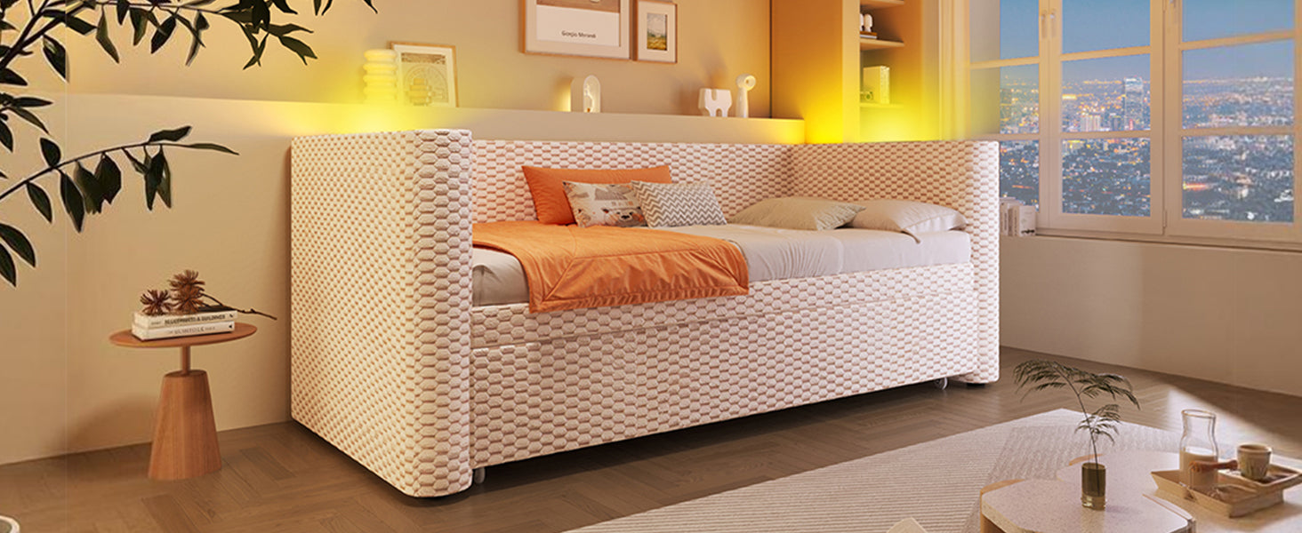 Logidon dagbed slaapbank beige fluweel 90x200/180x200 LED