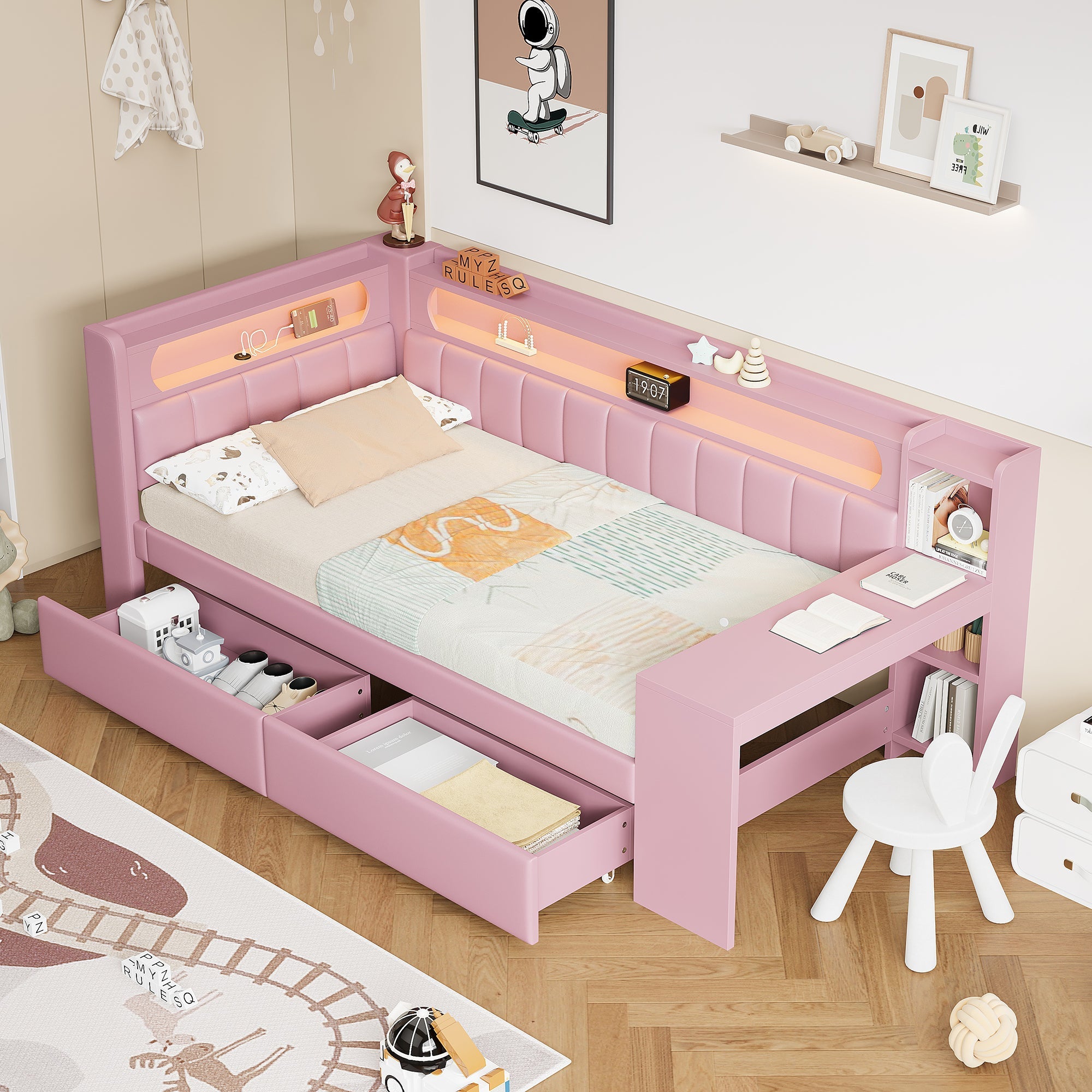 Logidon Daybed 90x200 Upholstered With USB And LED And Desk Pink