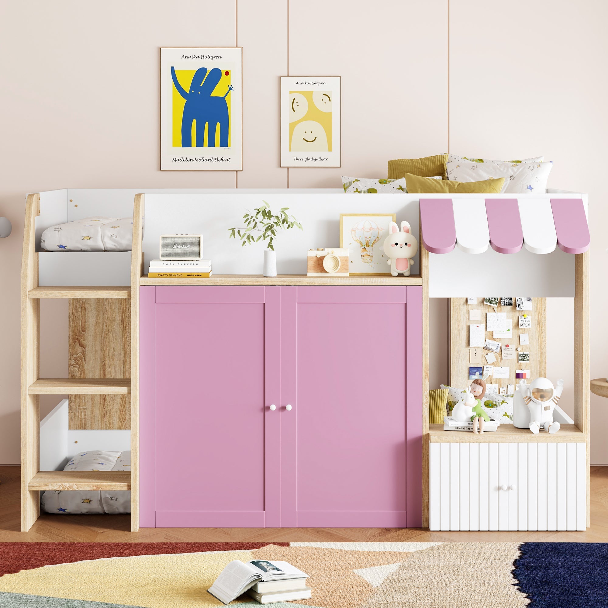 Logidon House Bed Kinderbed 90x200 met opbergruimte en ladder wit roze
