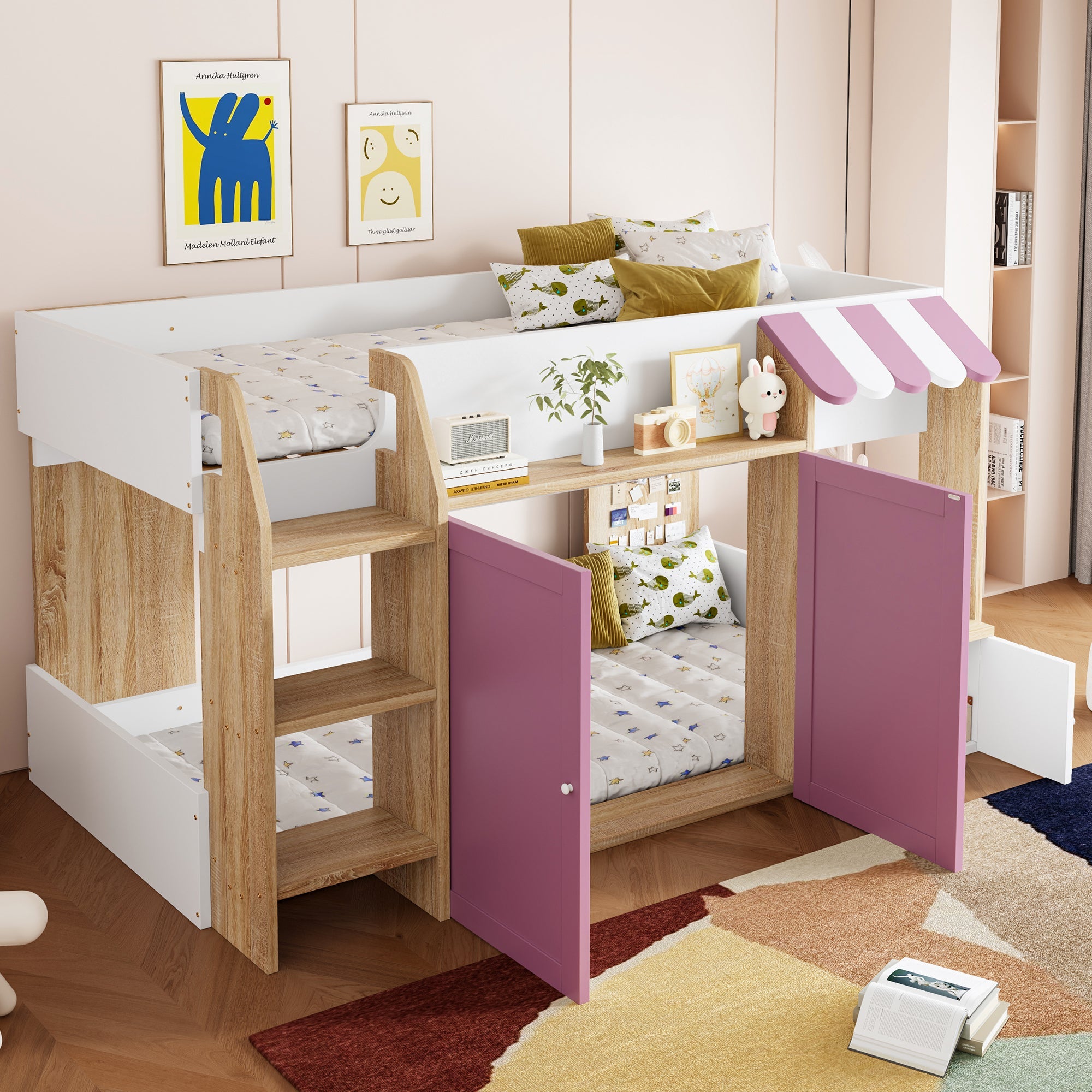 Logidon House Bed Kinderbed 90x200 met opbergruimte en ladder wit roze