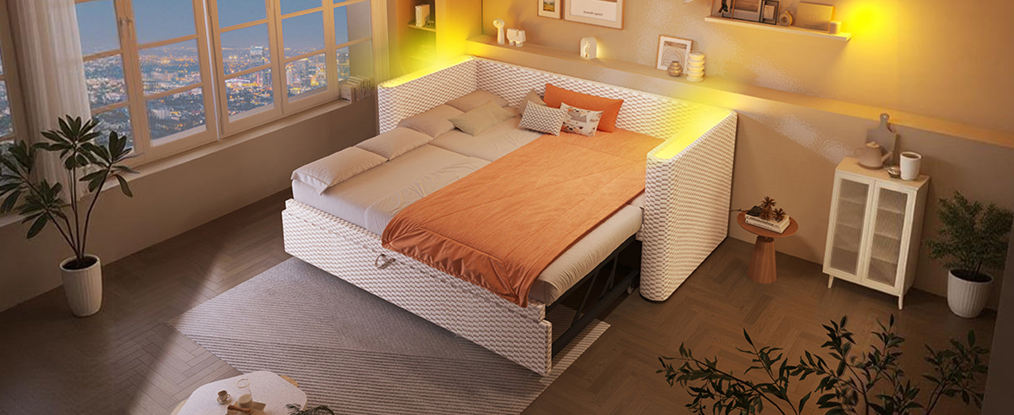 Logidon dagbed slaapbank beige fluweel 90x200/180x200 LED