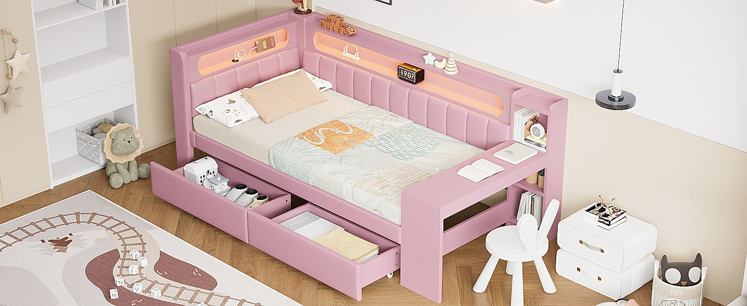 Logidon Daybed 90x200 Upholstered With USB And LED And Desk Pink