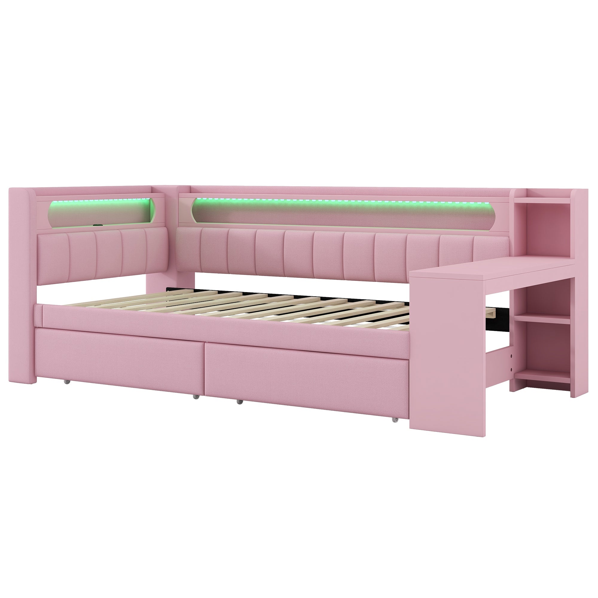Logidon Daybed 90x200 Upholstered With USB And LED And Desk Pink